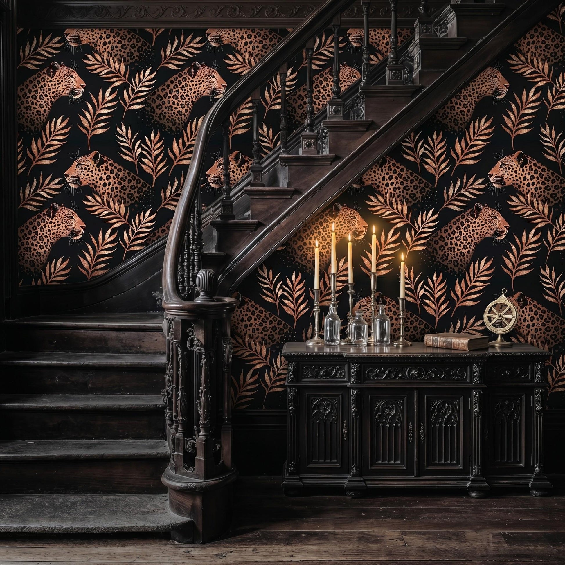Black and Copper Leopard Jungle Maximalist Wallpaper, Moody Tropical Cheetah Wall Decor, Dark Academia Aesthetic Home Improvement-WP0052