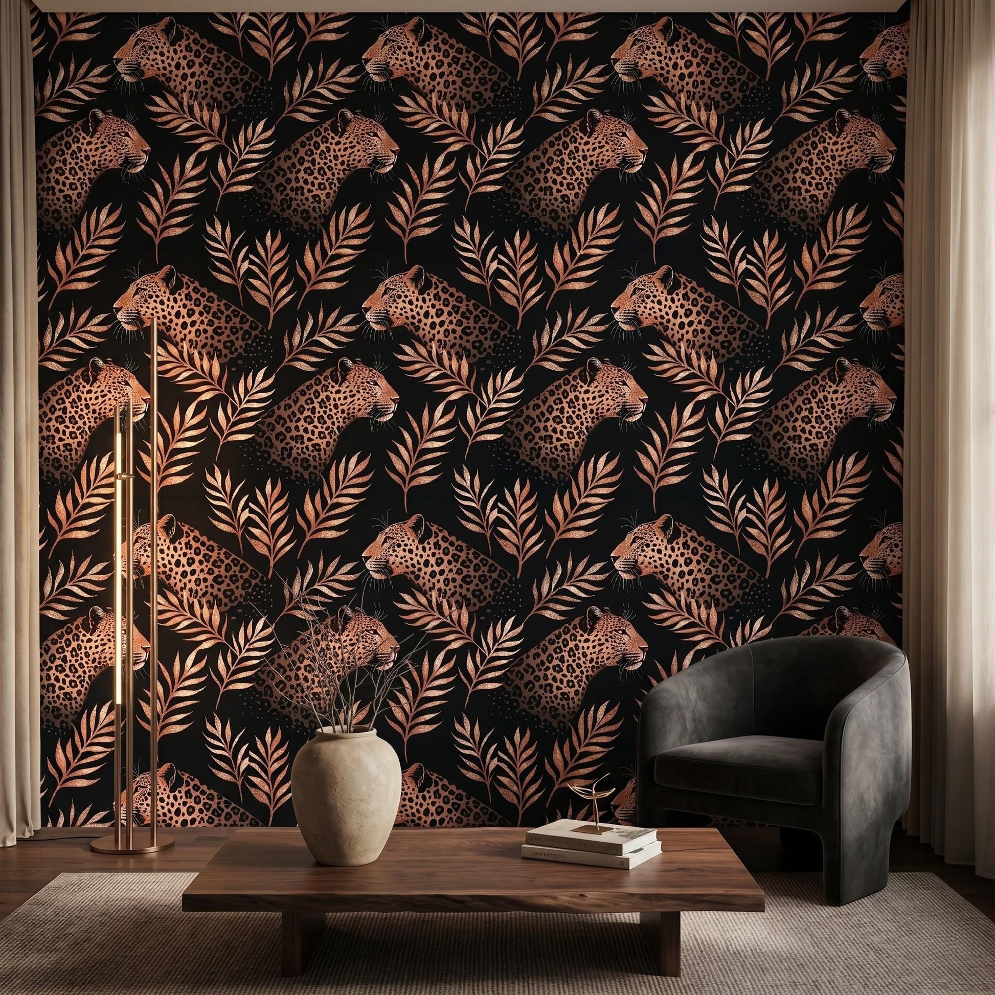 Black and Copper Leopard Jungle Maximalist Wallpaper, Moody Tropical Cheetah Wall Decor, Dark Academia Aesthetic Home Improvement-WP0052