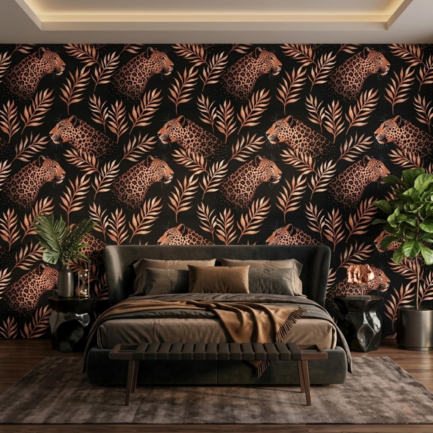 Black and Copper Leopard Jungle Maximalist Wallpaper, Moody Tropical Cheetah Wall Decor, Dark Academia Aesthetic Home Improvement-WP0052