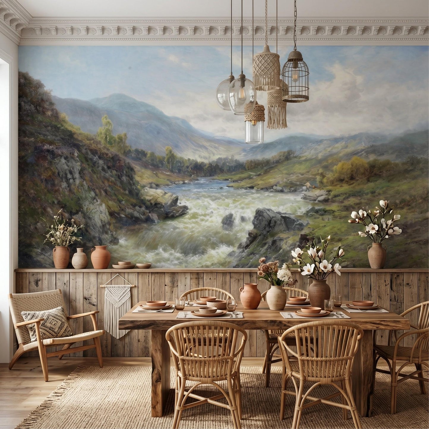 Oil Painting Landscape Mural, Scottish Highlands River Wallpaper, Nature Wall Decor-WP0053