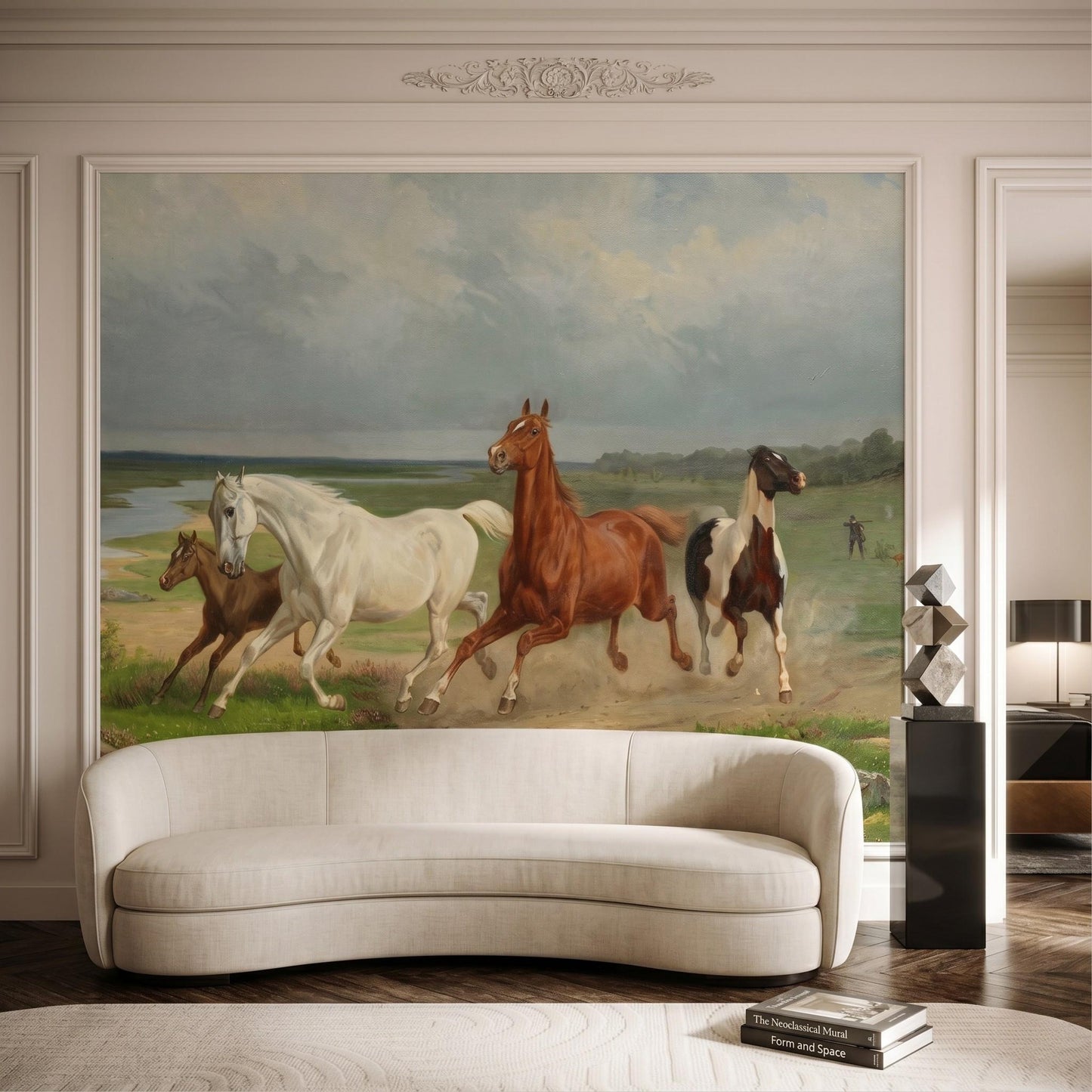 Earth Tone Vintage Oil Painting Horse Mural Wallpaper, Rustic Equestrian Landscape Wall Art, Moody Farmhouse Decor-WP0054