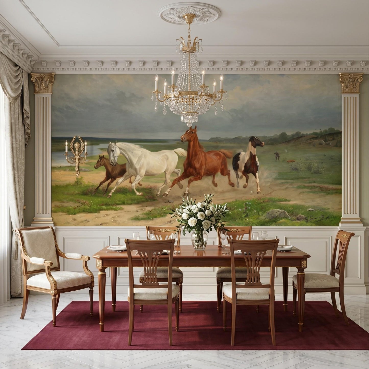 Earth Tone Vintage Oil Painting Horse Mural Wallpaper, Rustic Equestrian Landscape Wall Art, Moody Farmhouse Decor-WP0054