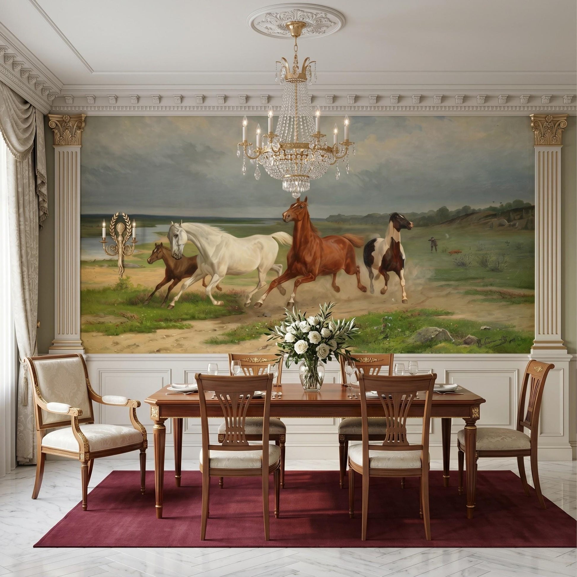 Earth Tone Vintage Oil Painting Horse Mural Wallpaper, Rustic Equestrian Landscape Wall Art, Moody Farmhouse Decor-WP0054