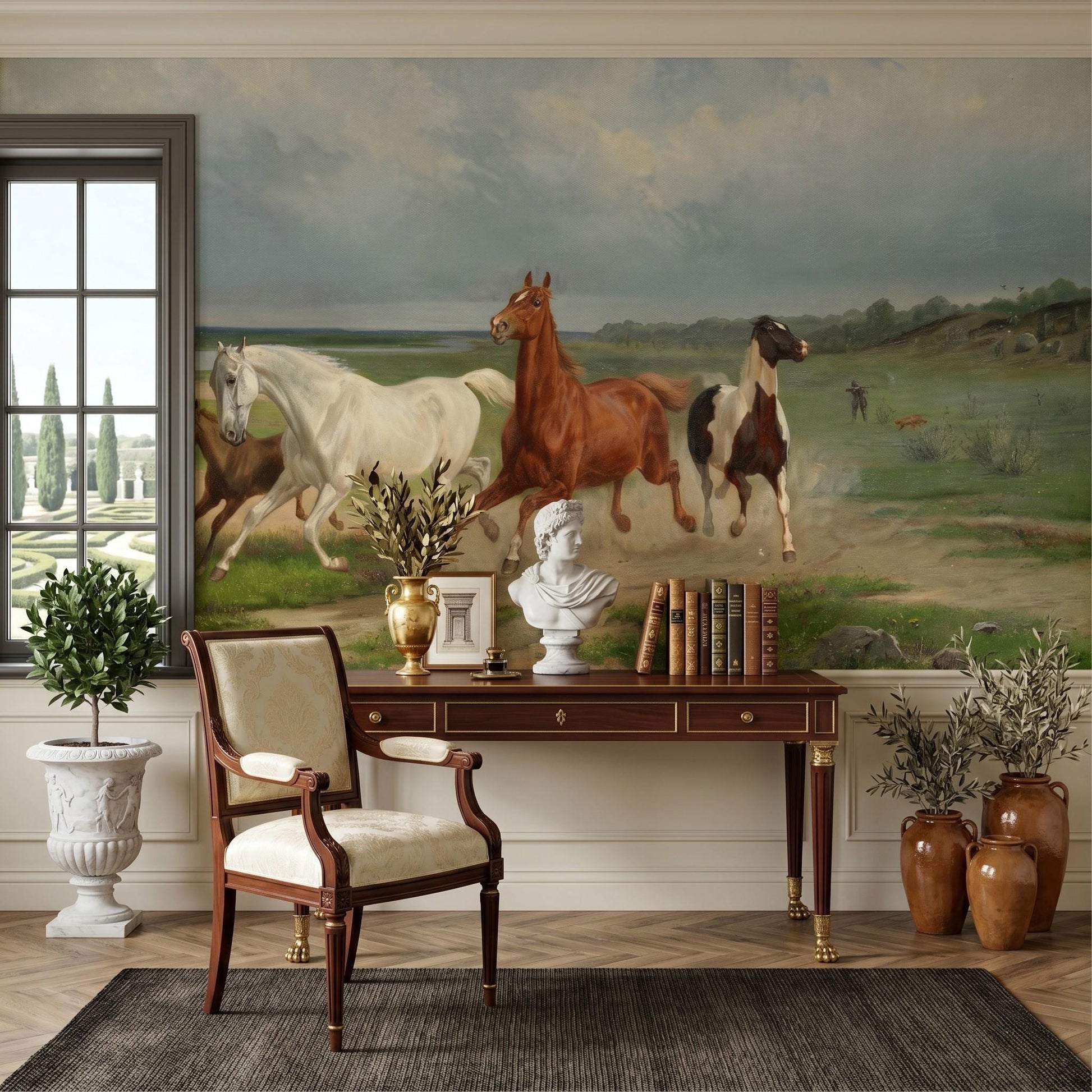 Earth Tone Vintage Oil Painting Horse Mural Wallpaper, Rustic Equestrian Landscape Wall Art, Moody Farmhouse Decor-WP0054
