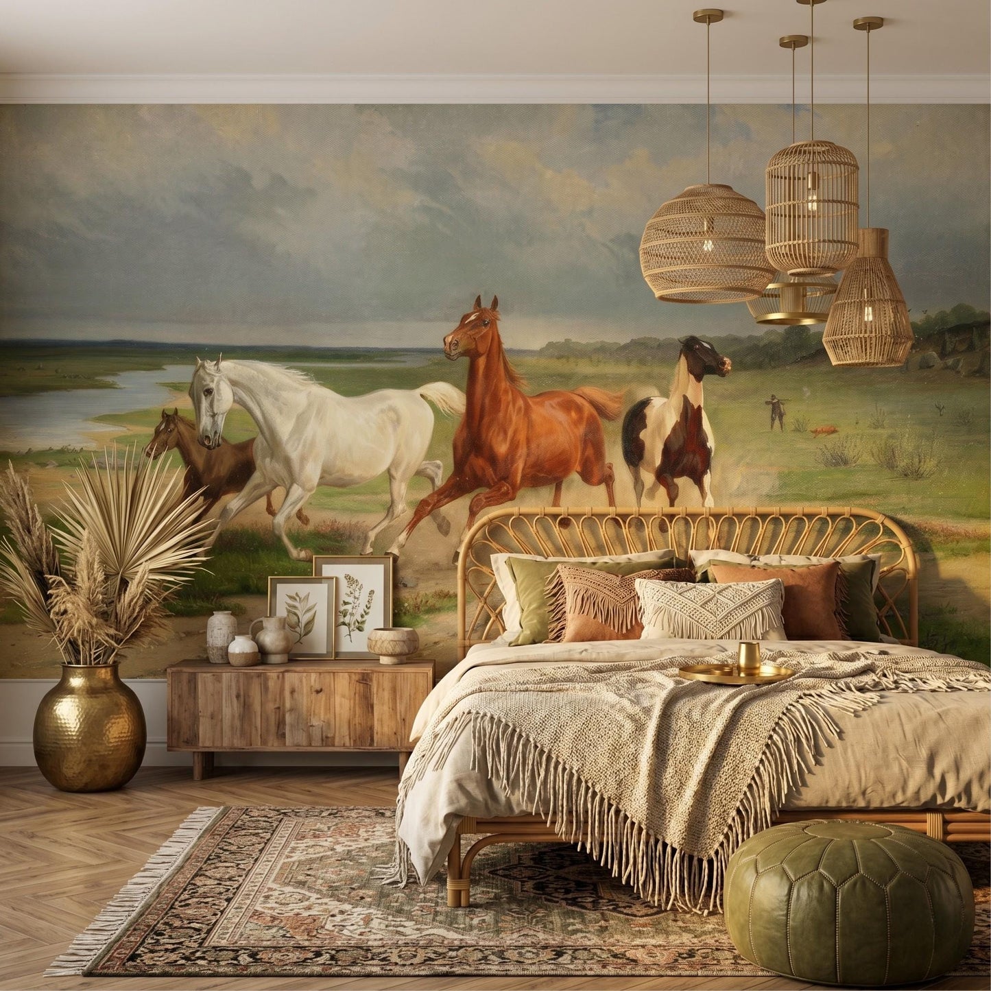 Earth Tone Vintage Oil Painting Horse Mural Wallpaper, Rustic Equestrian Landscape Wall Art, Moody Farmhouse Decor-WP0054