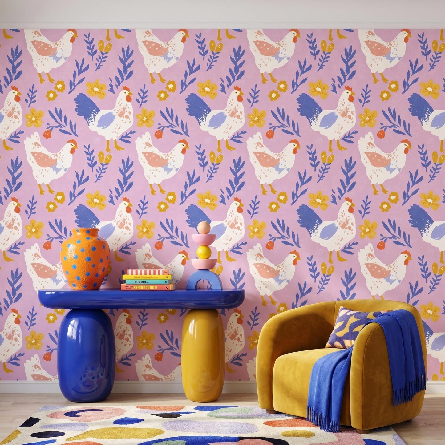Pink Chicken Wallpaper | Whimsical Farmhouse Peel Stick Mural (Nursery Decor)-WP0004