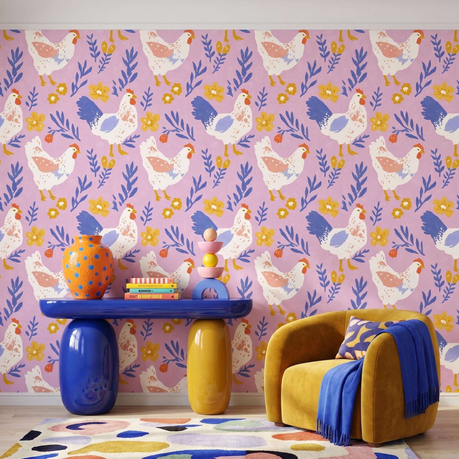 Pink Chicken Wallpaper | Whimsical Farmhouse Peel Stick Mural (Nursery Decor)-WP0004