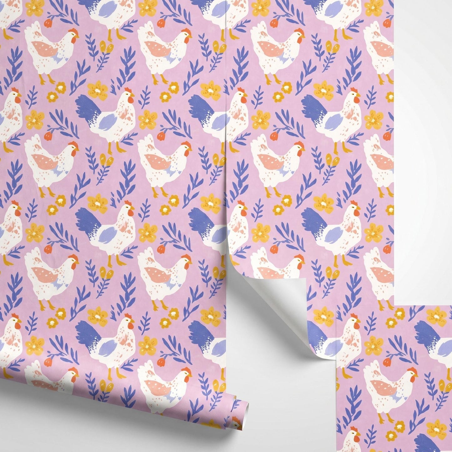 Pink Chicken Wallpaper | Whimsical Farmhouse Peel Stick Mural (Nursery Decor)-WP0004