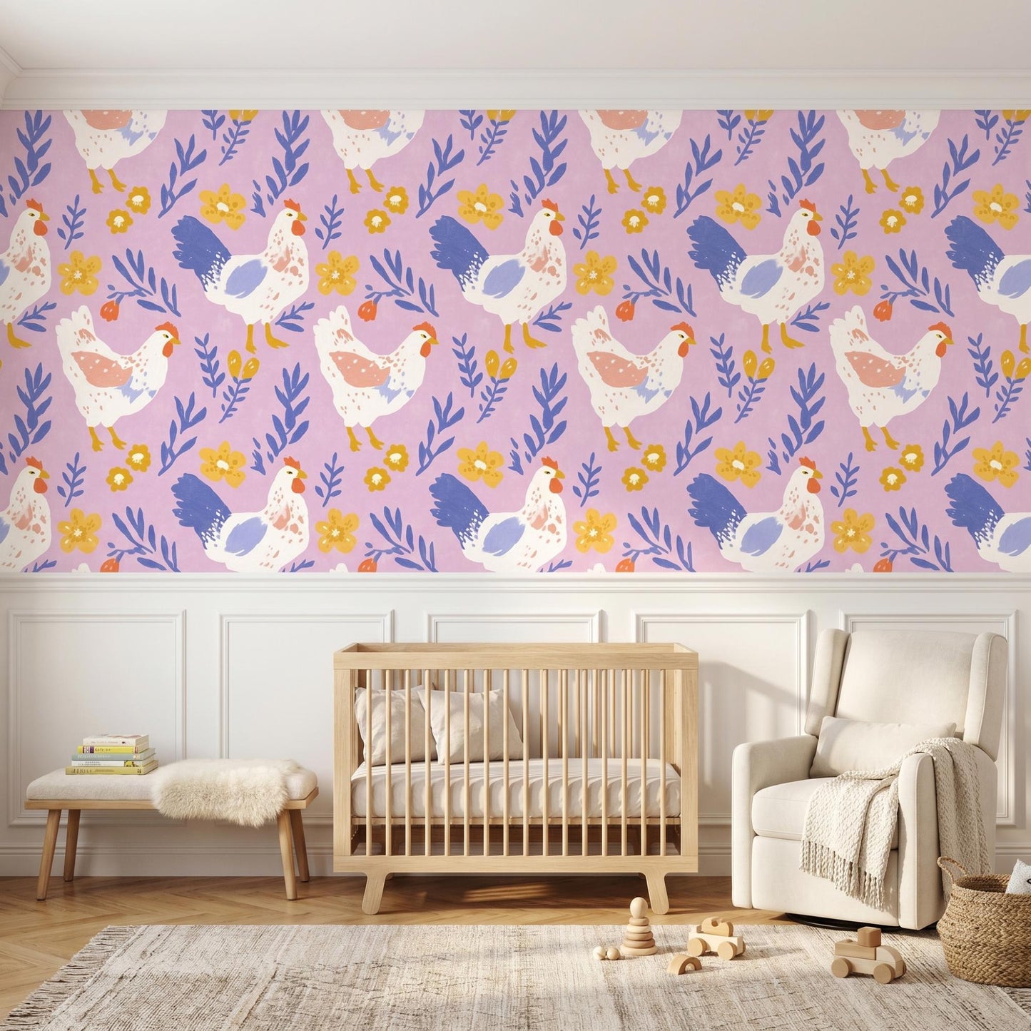 Pink Chicken Wallpaper | Whimsical Farmhouse Peel Stick Mural (Nursery Decor)-WP0004