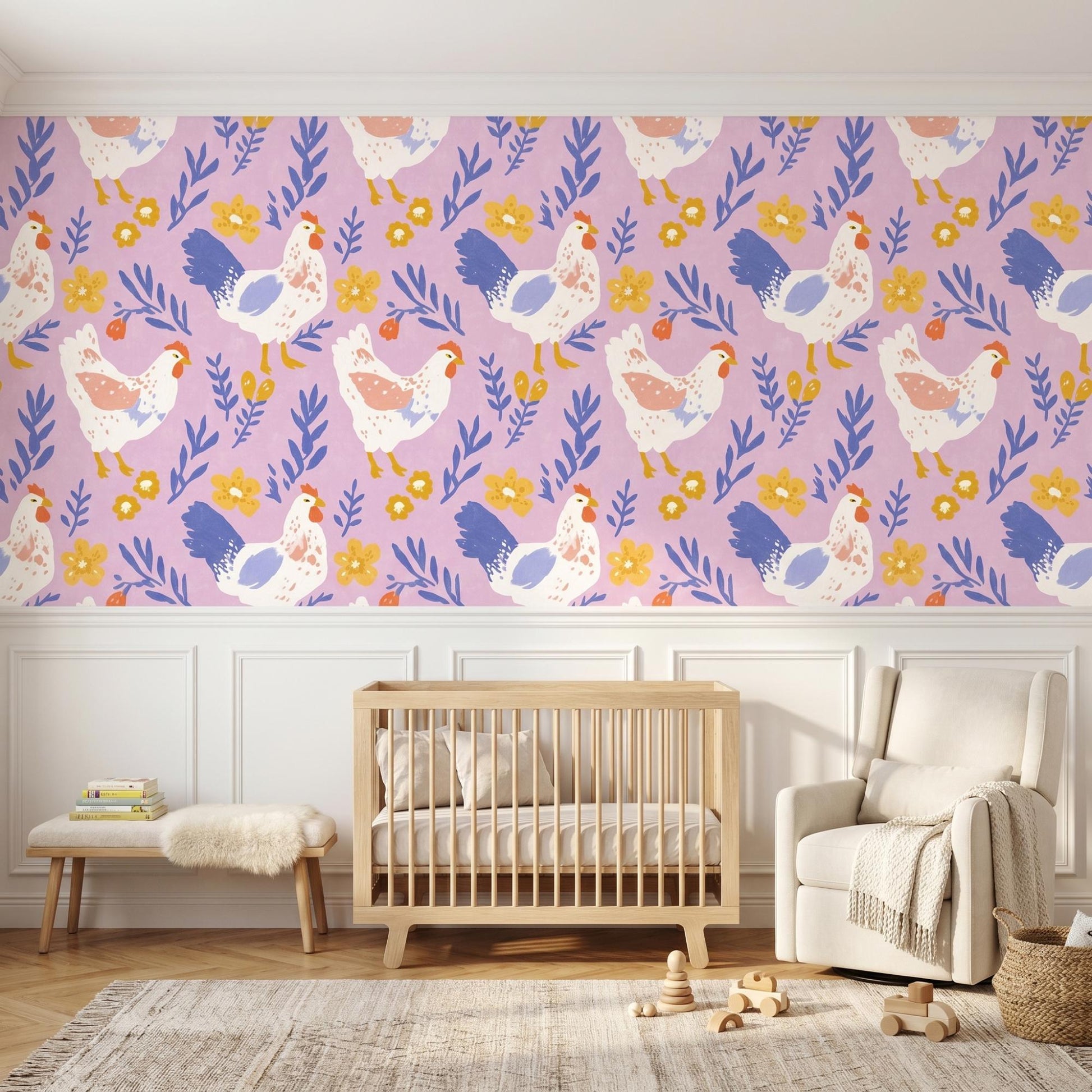 Pink Chicken Wallpaper | Whimsical Farmhouse Peel Stick Mural (Nursery Decor)-WP0004