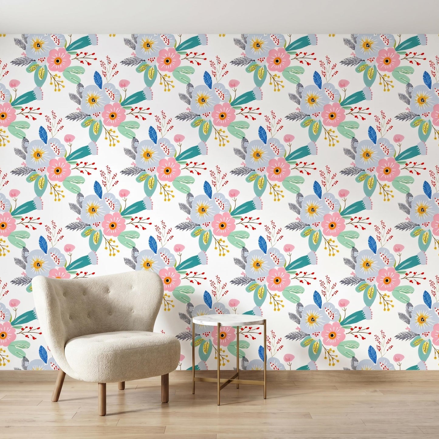 Mid Century Modern Floral Wallpaper | Colorful Botanical Peel and Stick Wall Mural (Nursery Decor)-WP0003