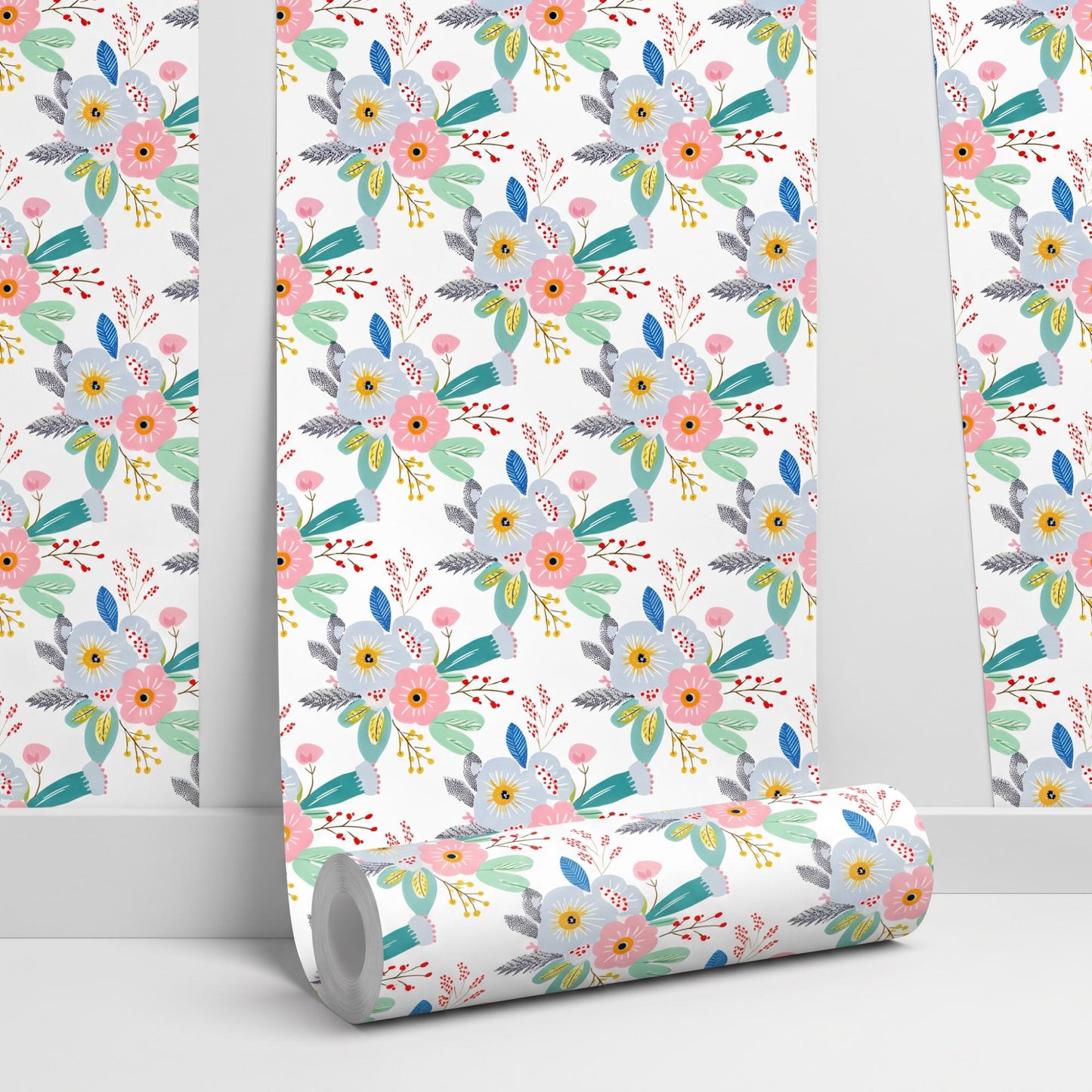 Mid Century Modern Floral Wallpaper | Colorful Botanical Peel and Stick Wall Mural (Nursery Decor)-WP0003