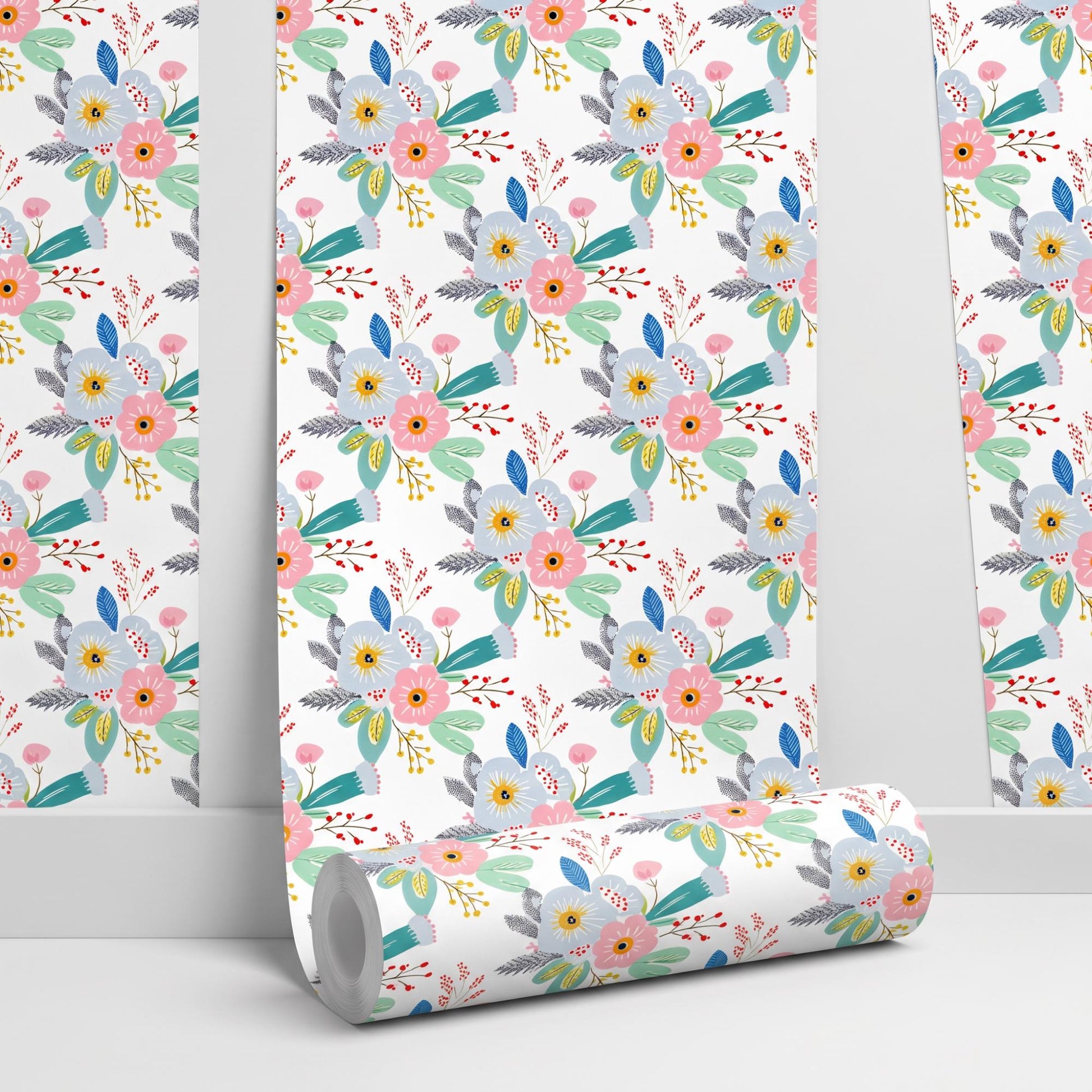 Mid Century Modern Floral Wallpaper | Colorful Botanical Peel and Stick Wall Mural (Nursery Decor)-WP0003