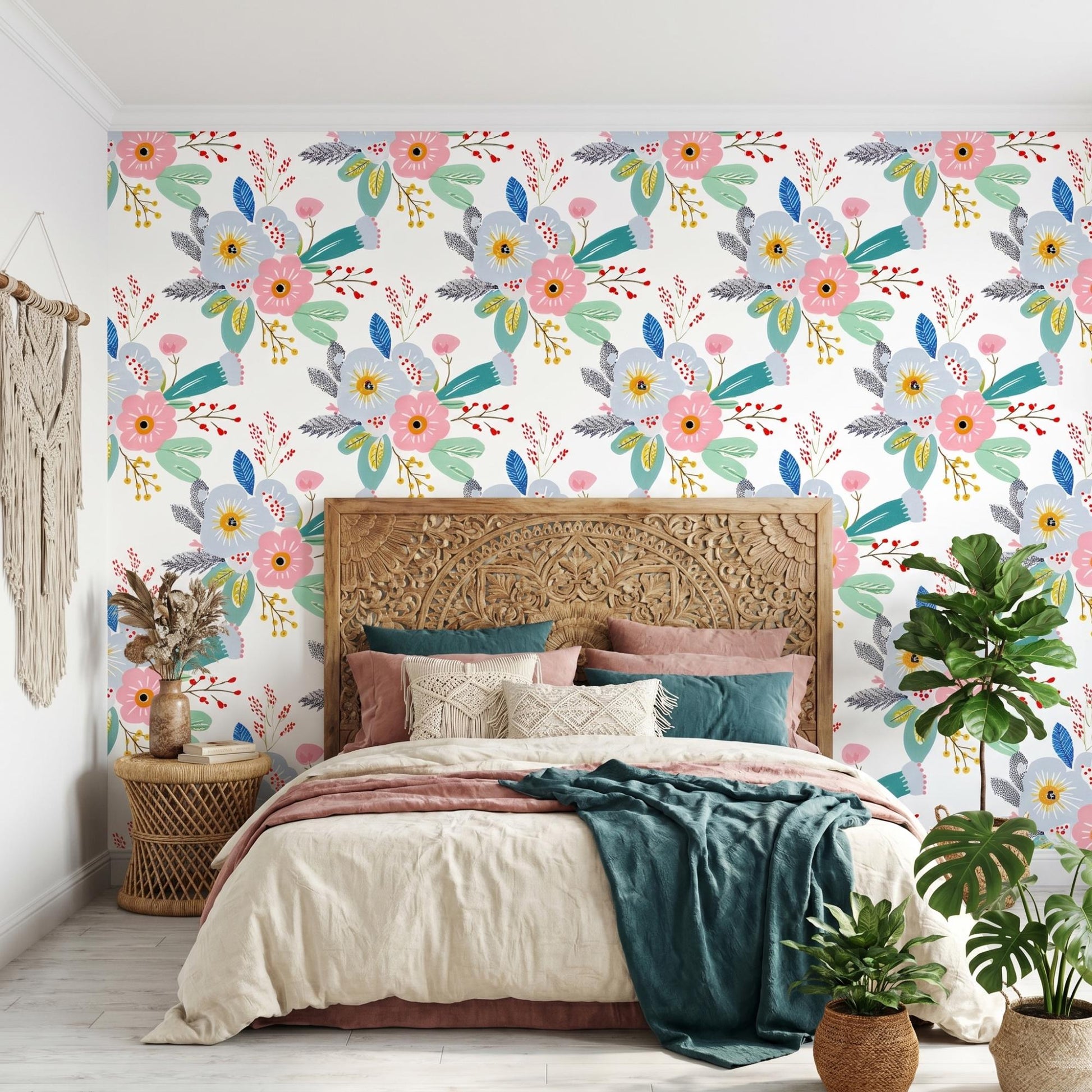 Mid Century Modern Floral Wallpaper | Colorful Botanical Peel and Stick Wall Mural (Nursery Decor)-WP0003