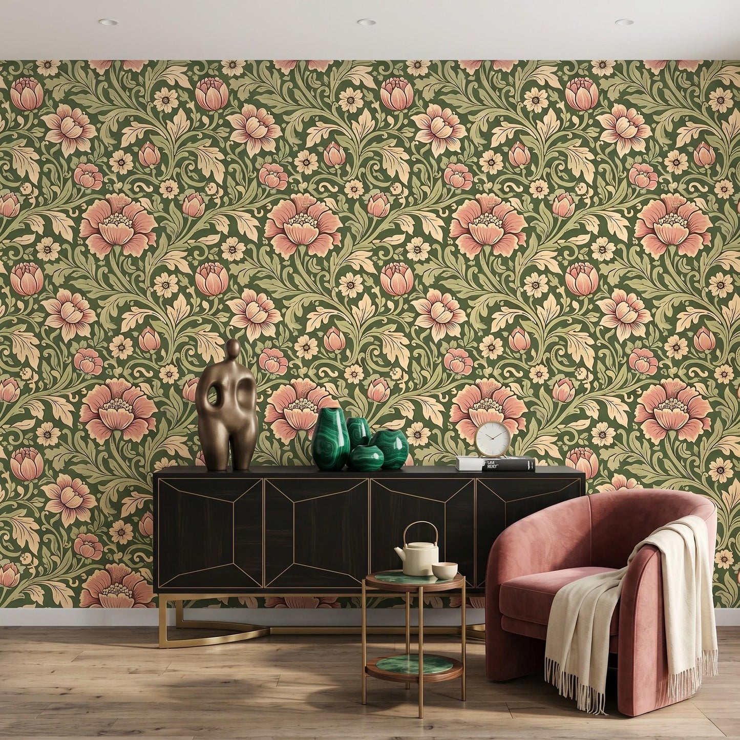 William Morris Style Floral Wallpaper – Art Nouveau Botanical Wall Mural-WP0001