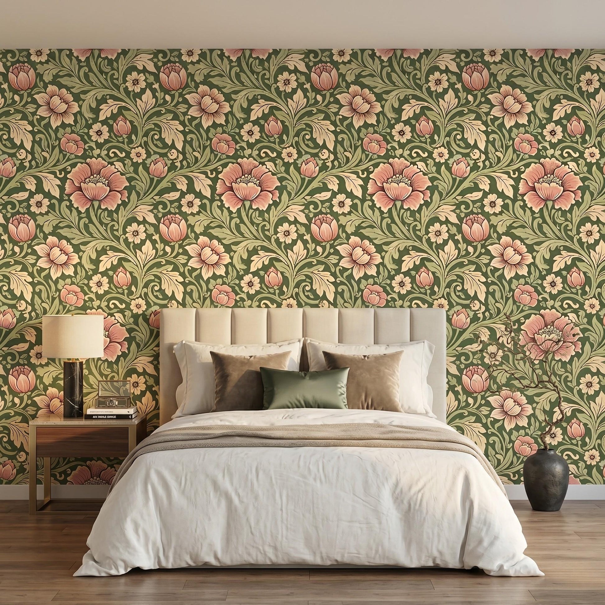 William Morris Style Floral Wallpaper – Art Nouveau Botanical Wall Mural-WP0001