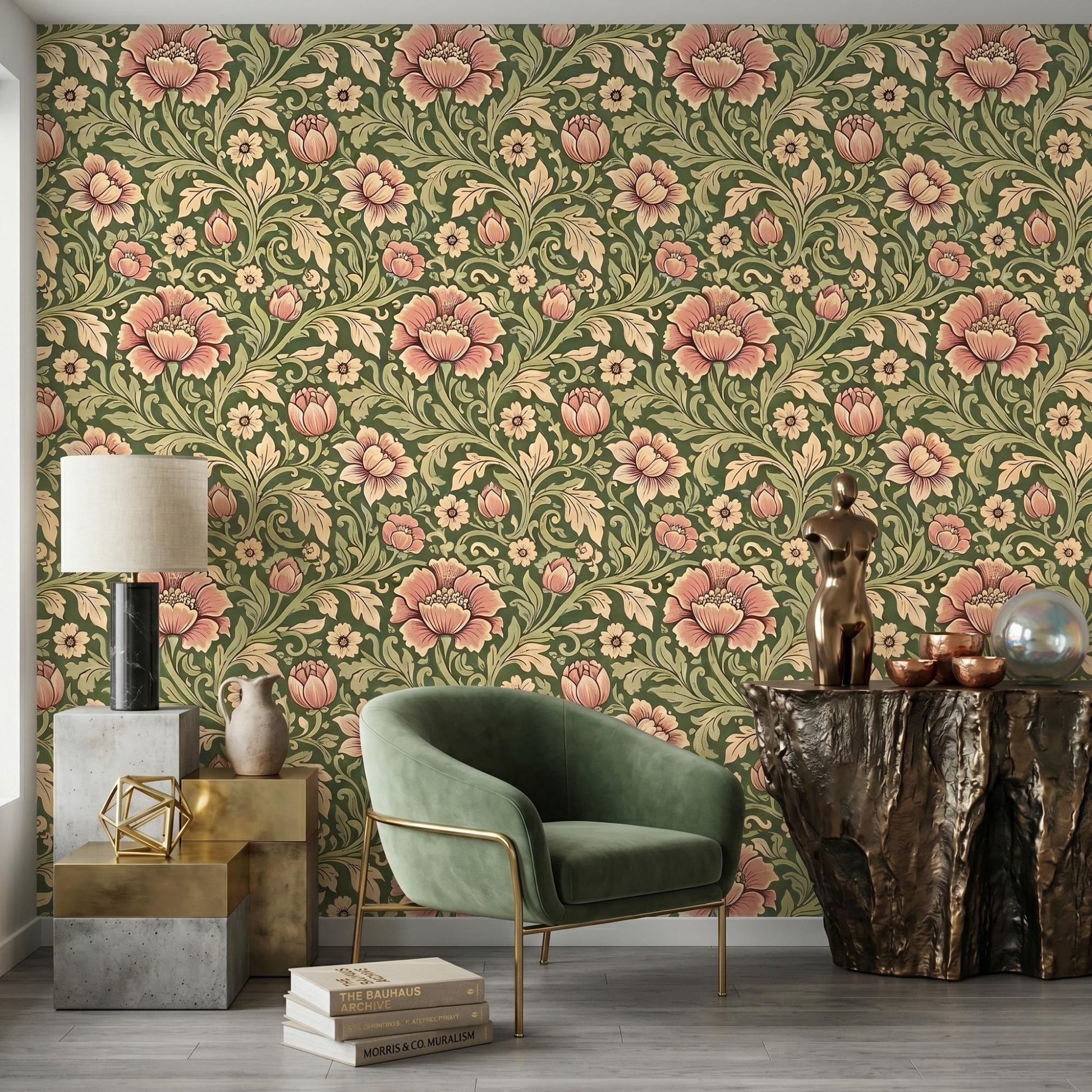 William Morris Style Floral Wallpaper – Art Nouveau Botanical Wall Mural-WP0001