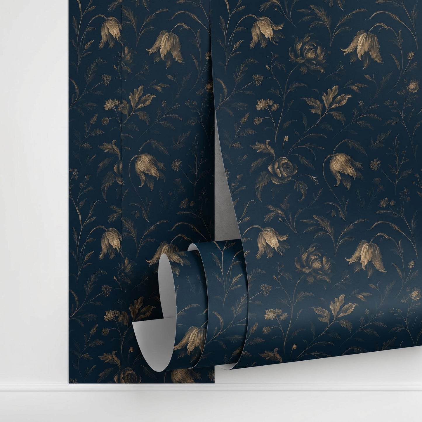 Navy Gold Floral Wallpaper | Dark Botanical Peel and Stick Wall Mural-WP0021