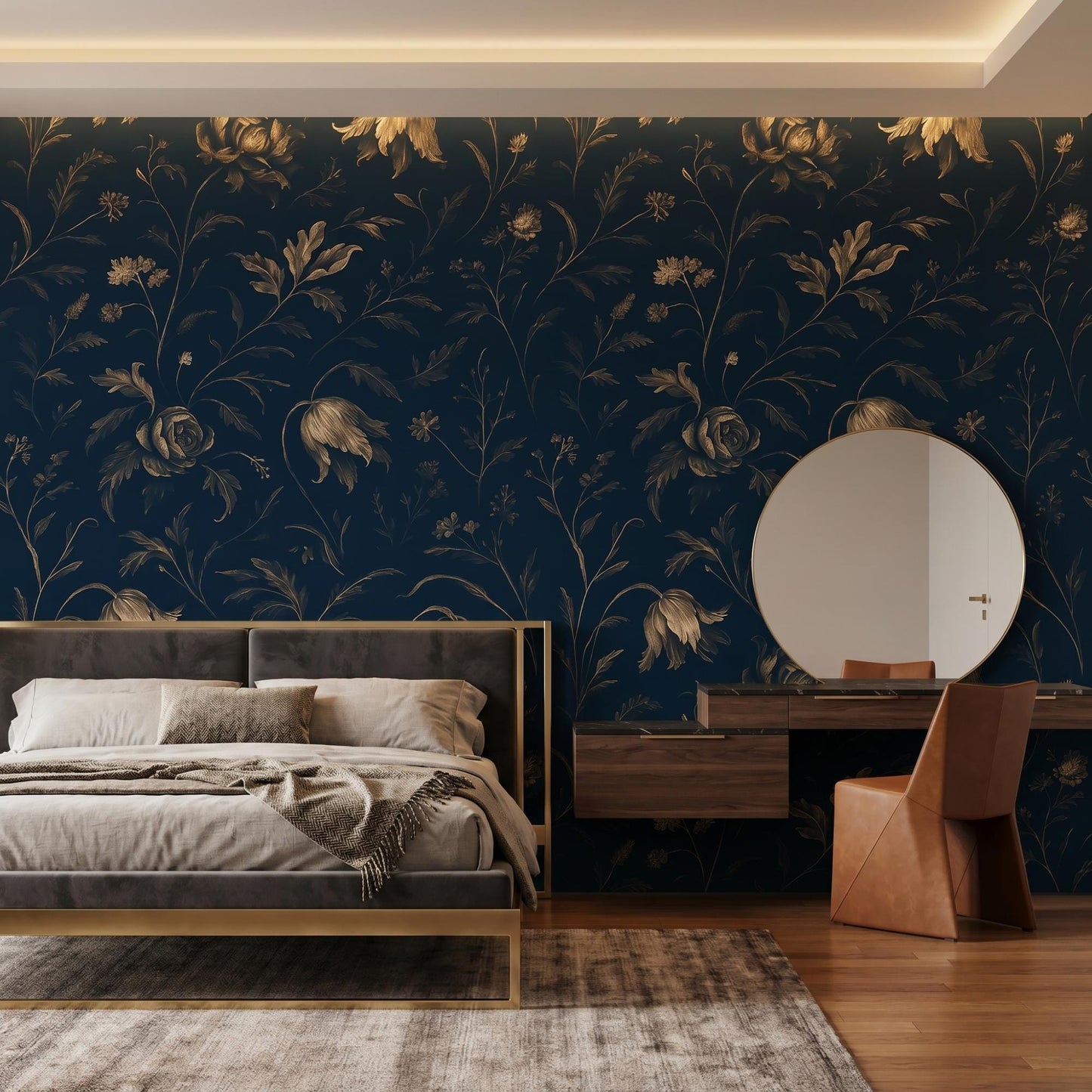 Navy Gold Floral Wallpaper | Dark Botanical Peel and Stick Wall Mural-WP0021