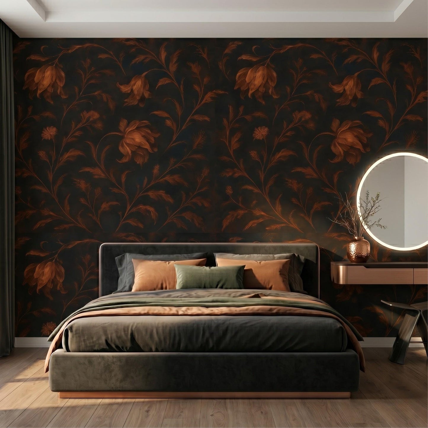 Moody Dark Floral Wallpaper - Vintage Rust Botanical Mural-WP0022