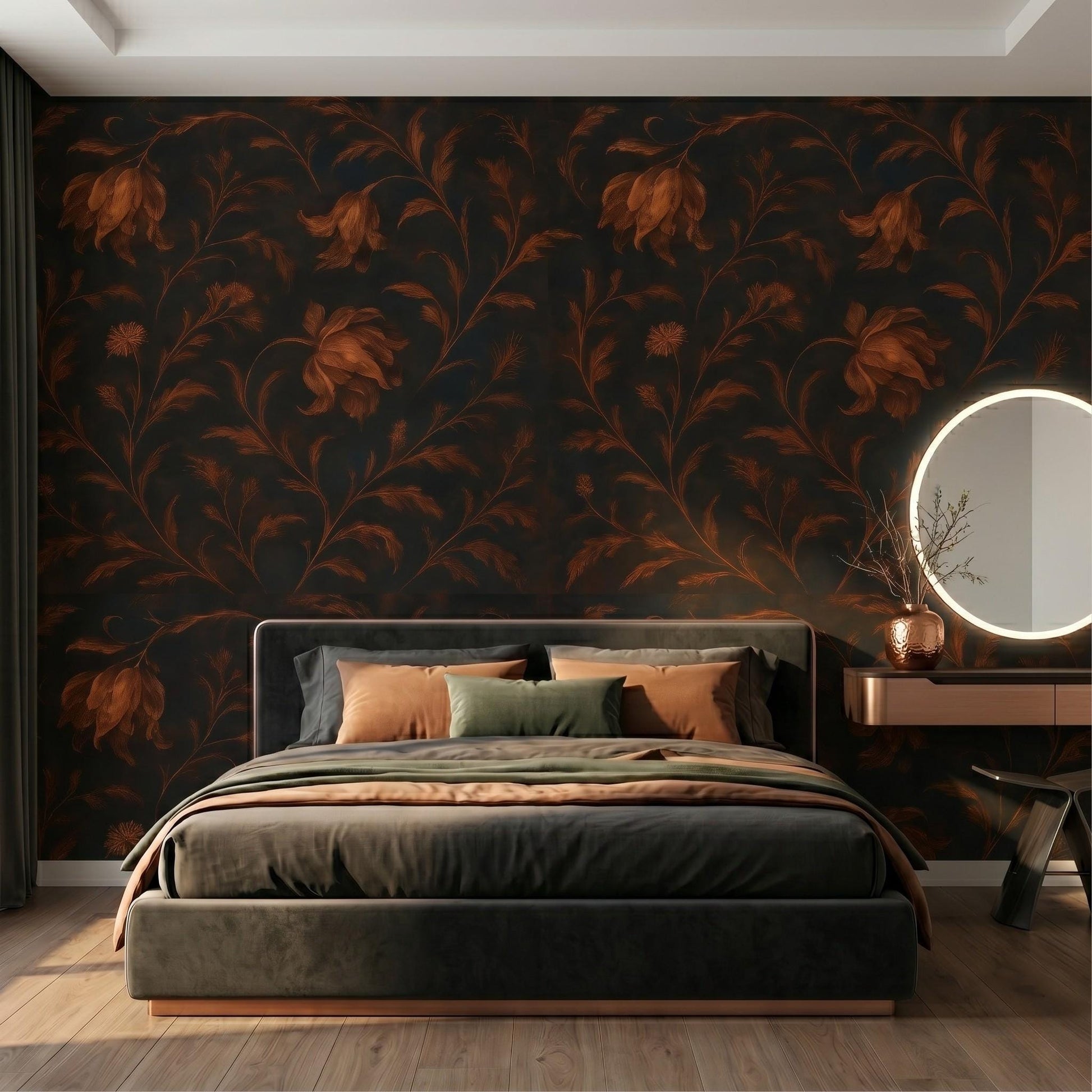 Moody Dark Floral Wallpaper - Vintage Rust Botanical Mural-WP0022