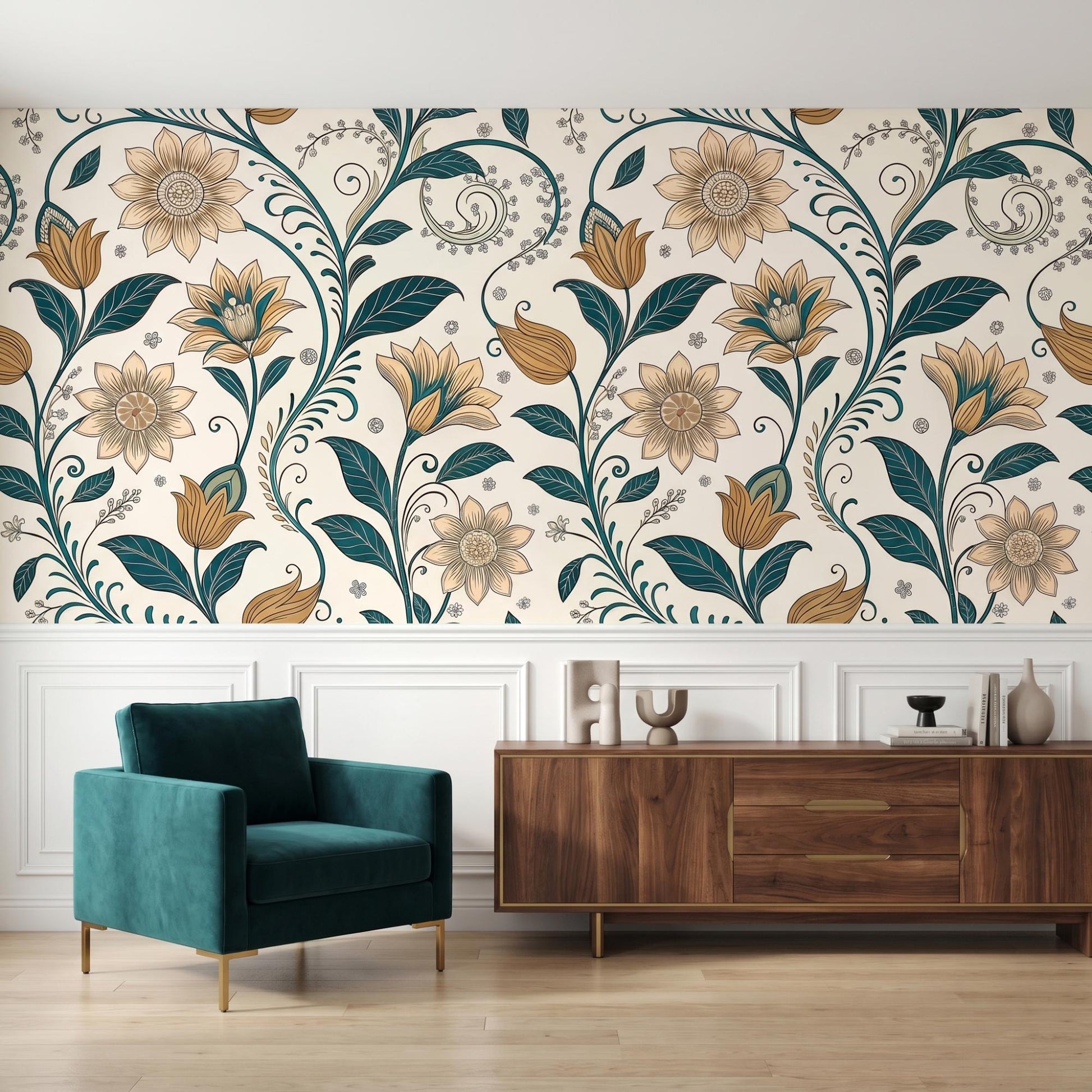 Art Nouveau Floral Wallpaper | Teal Gold Botanical Peel and Stick Mural (Removable)-WP0023