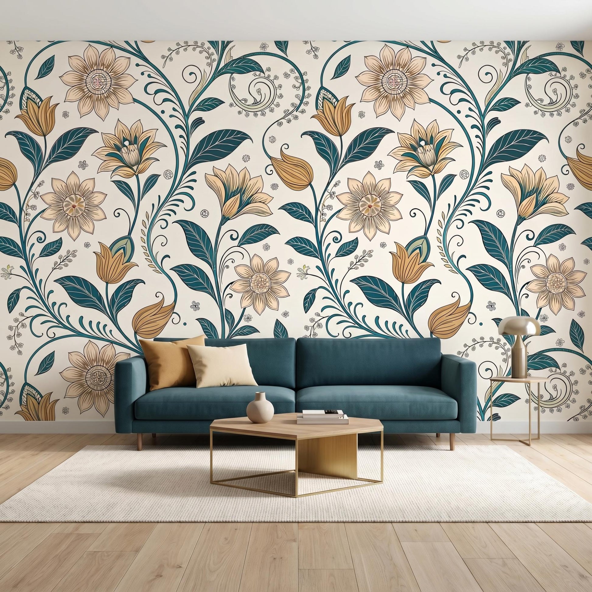 Art Nouveau Floral Wallpaper | Teal Gold Botanical Peel and Stick Mural (Removable)-WP0023