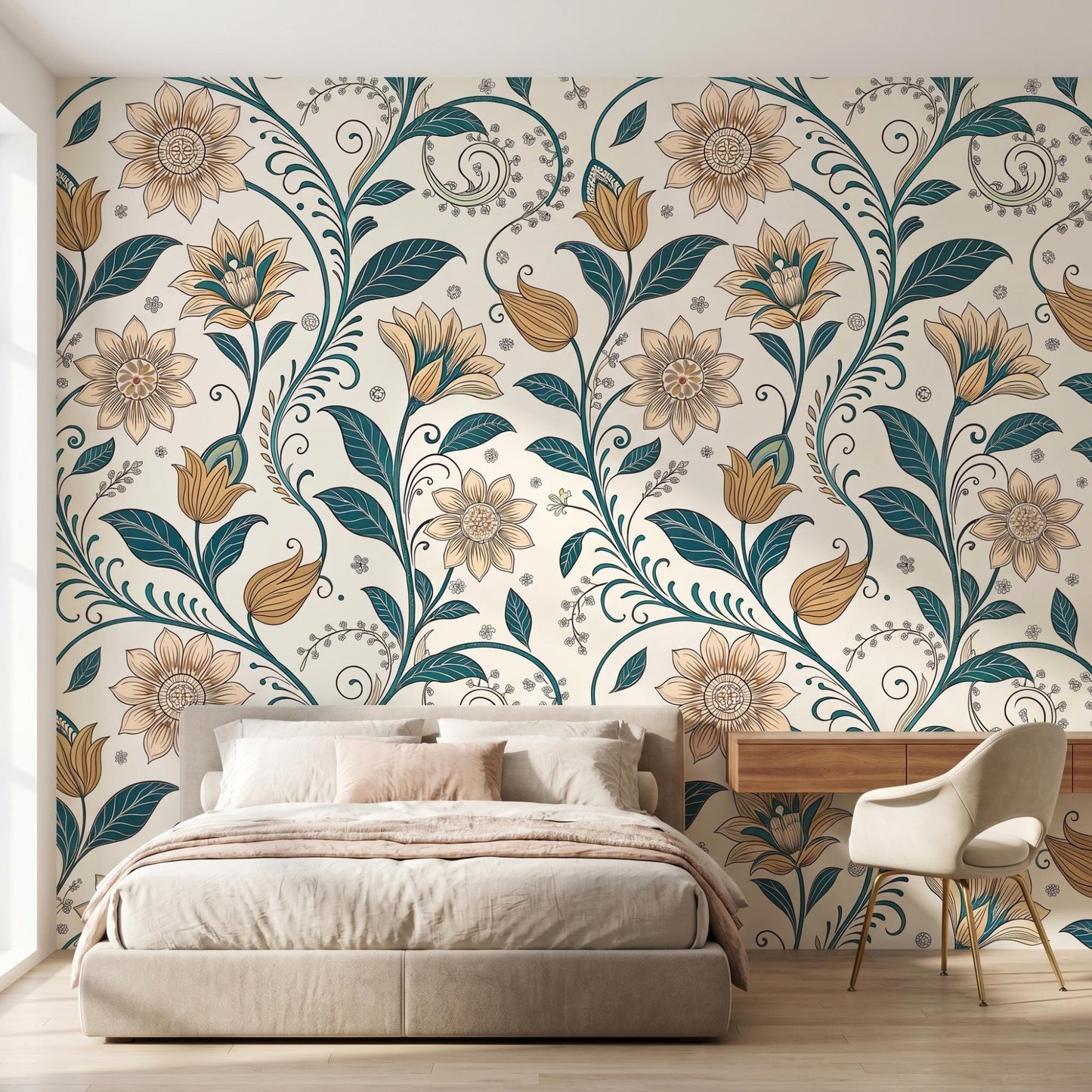 Art Nouveau Floral Wallpaper | Teal Gold Botanical Peel and Stick Mural (Removable)-WP0023