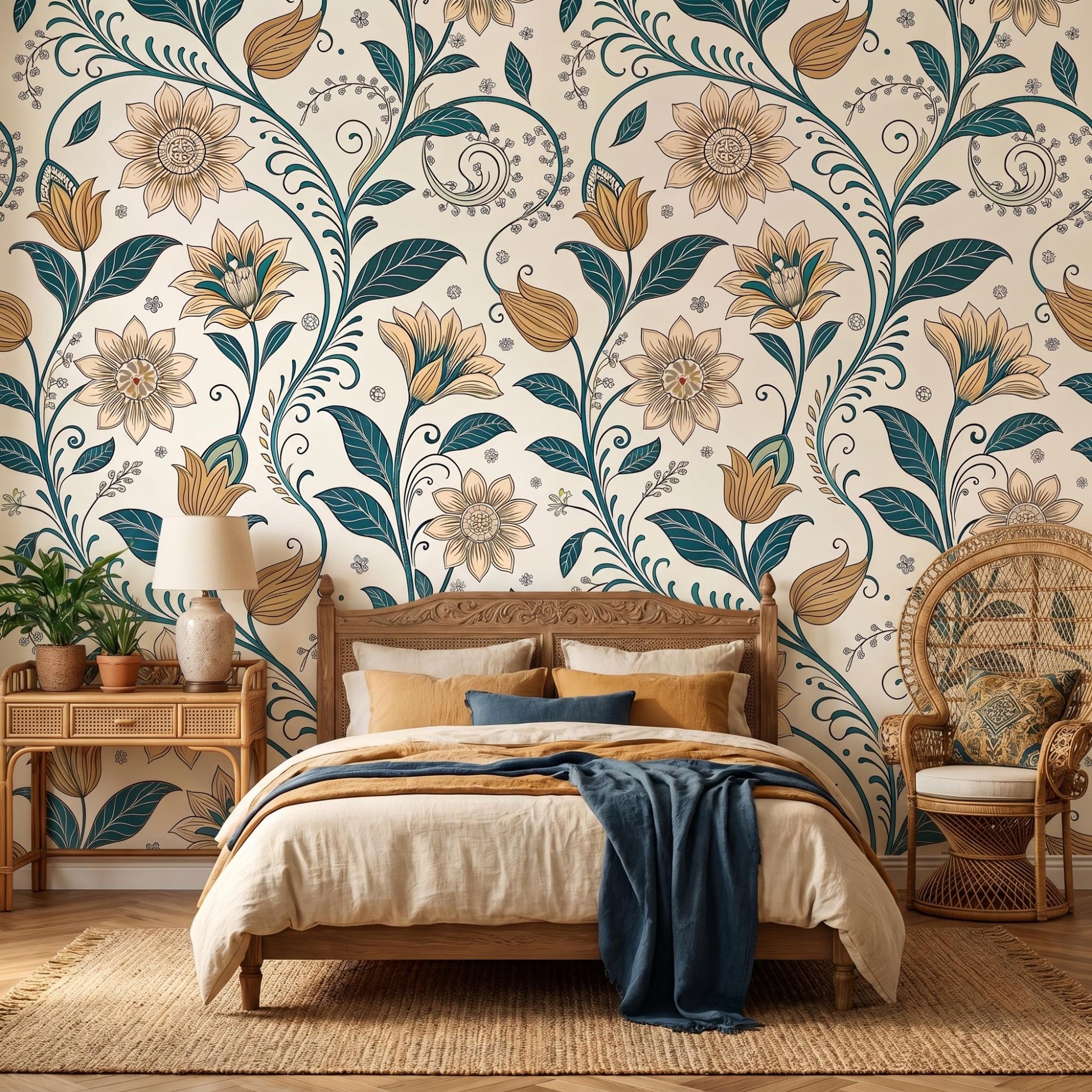 Art Nouveau Floral Wallpaper | Teal Gold Botanical Peel and Stick Mural (Removable)-WP0023