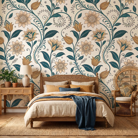 Art Nouveau Floral Wallpaper | Teal Gold Botanical Peel and Stick Mural (Removable)-WP0023