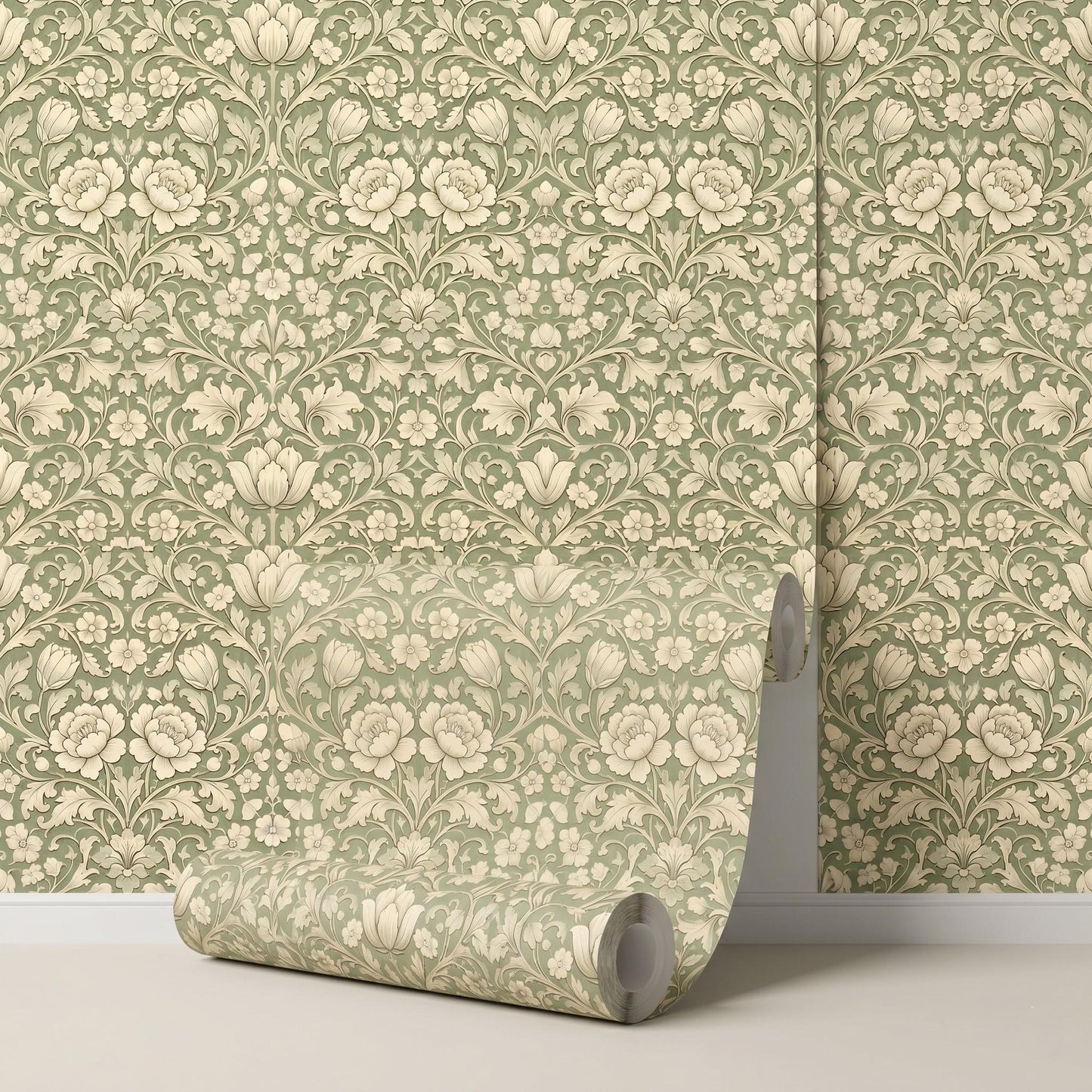 Sage Green William Morris Style Floral Wallpaper, Art Nouveau Botanical Wall Mural-WP0024