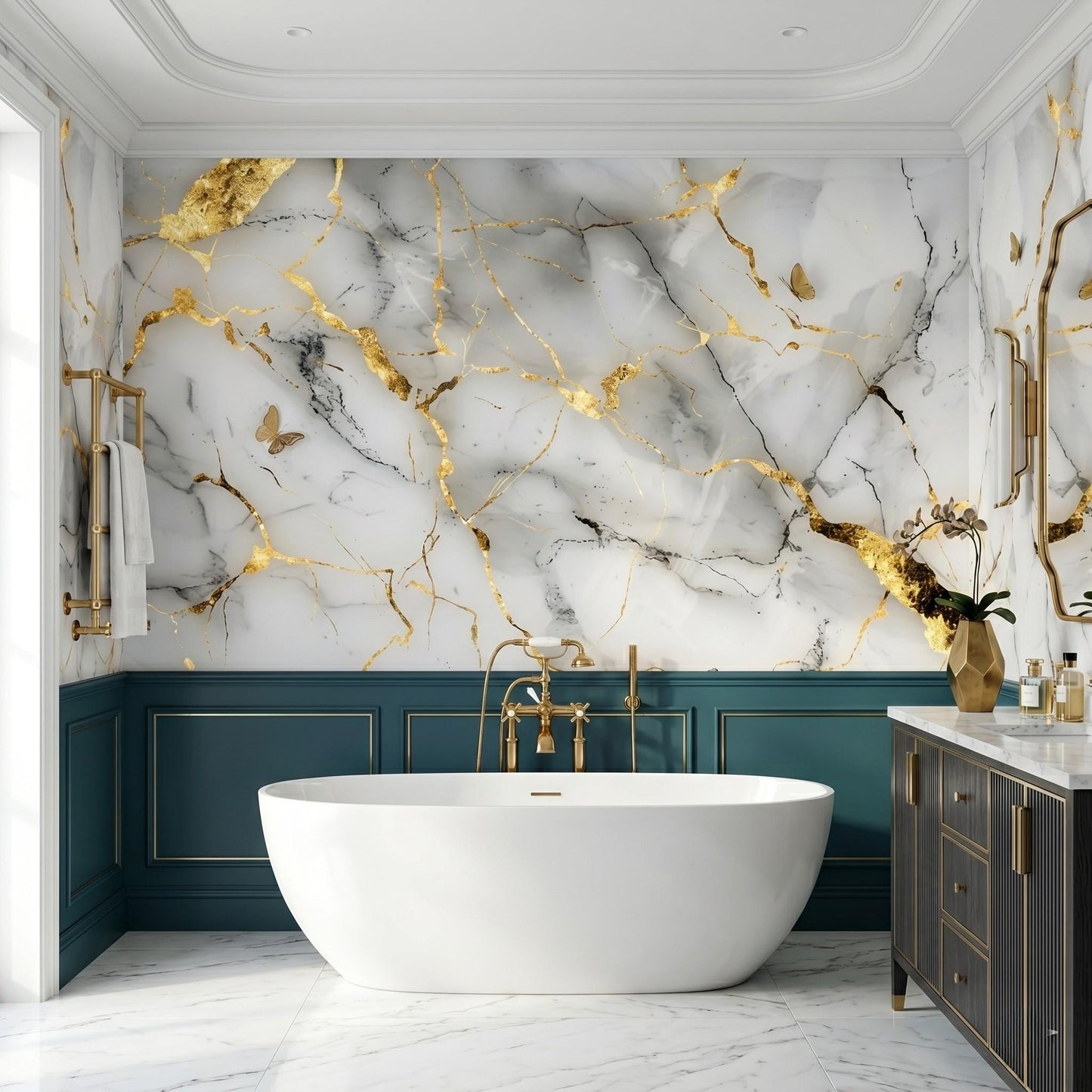 White Gold Marble Wallpaper Mural – Abstract Minimalist Wall Decor (Peel and Stick)-WP0027