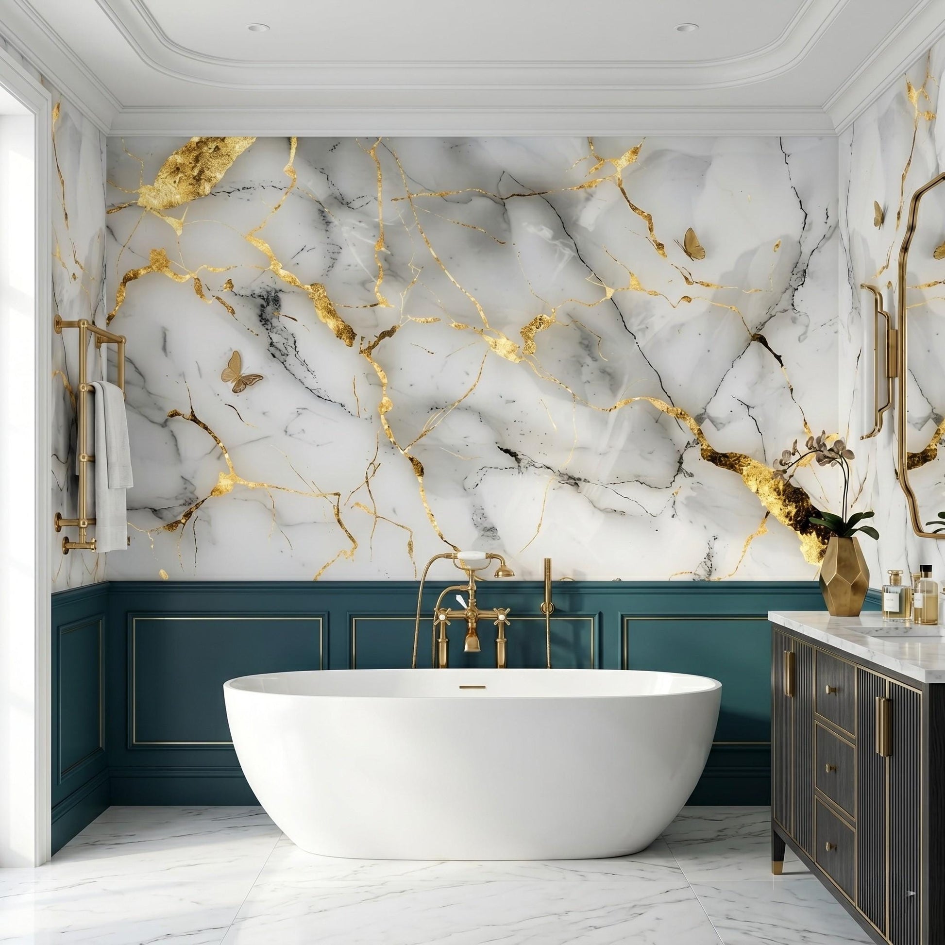 White Gold Marble Wallpaper Mural – Abstract Minimalist Wall Decor (Peel and Stick)-WP0027