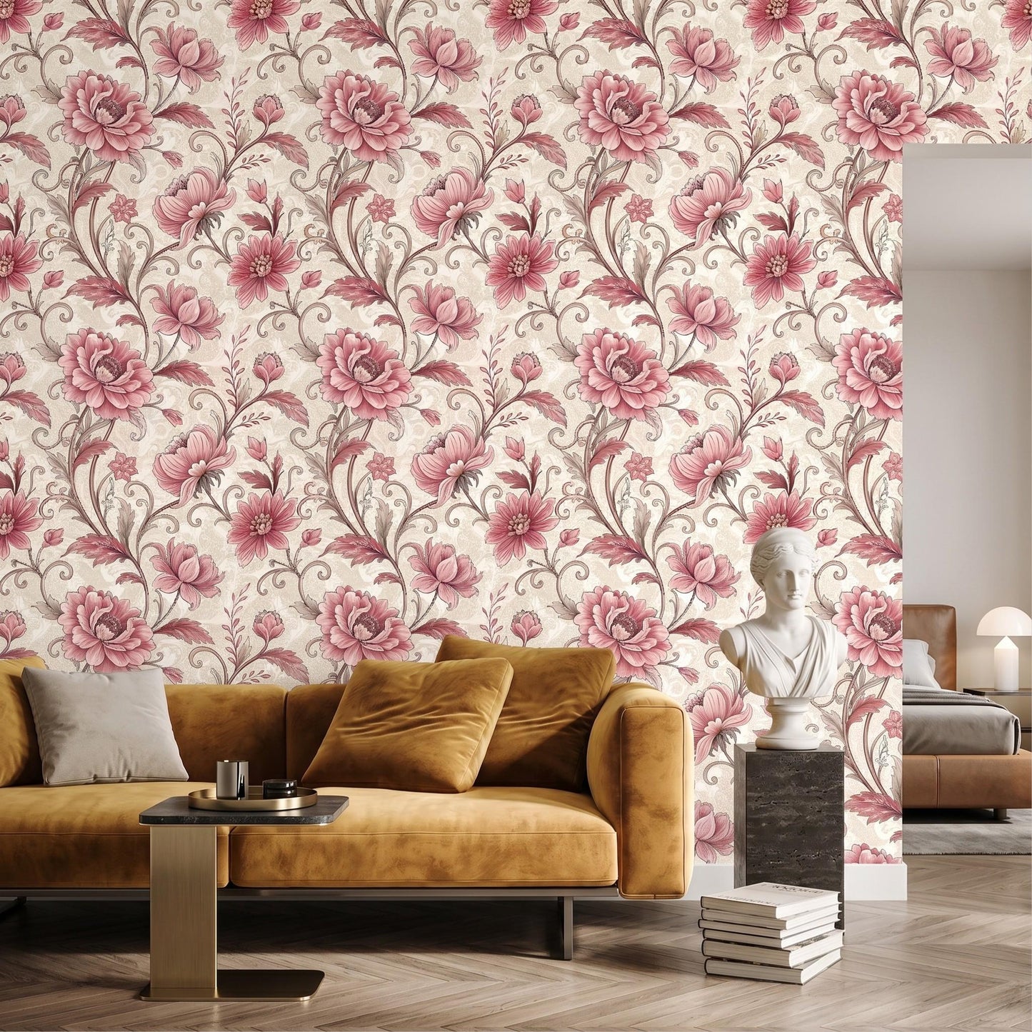 Dusty Rose Vintage Victorian Floral Wallpaper, Chinoiserie Wall Decor, Shabby Chic Removable Wall Mural, Romantic Cottagecore Mural-WP0057