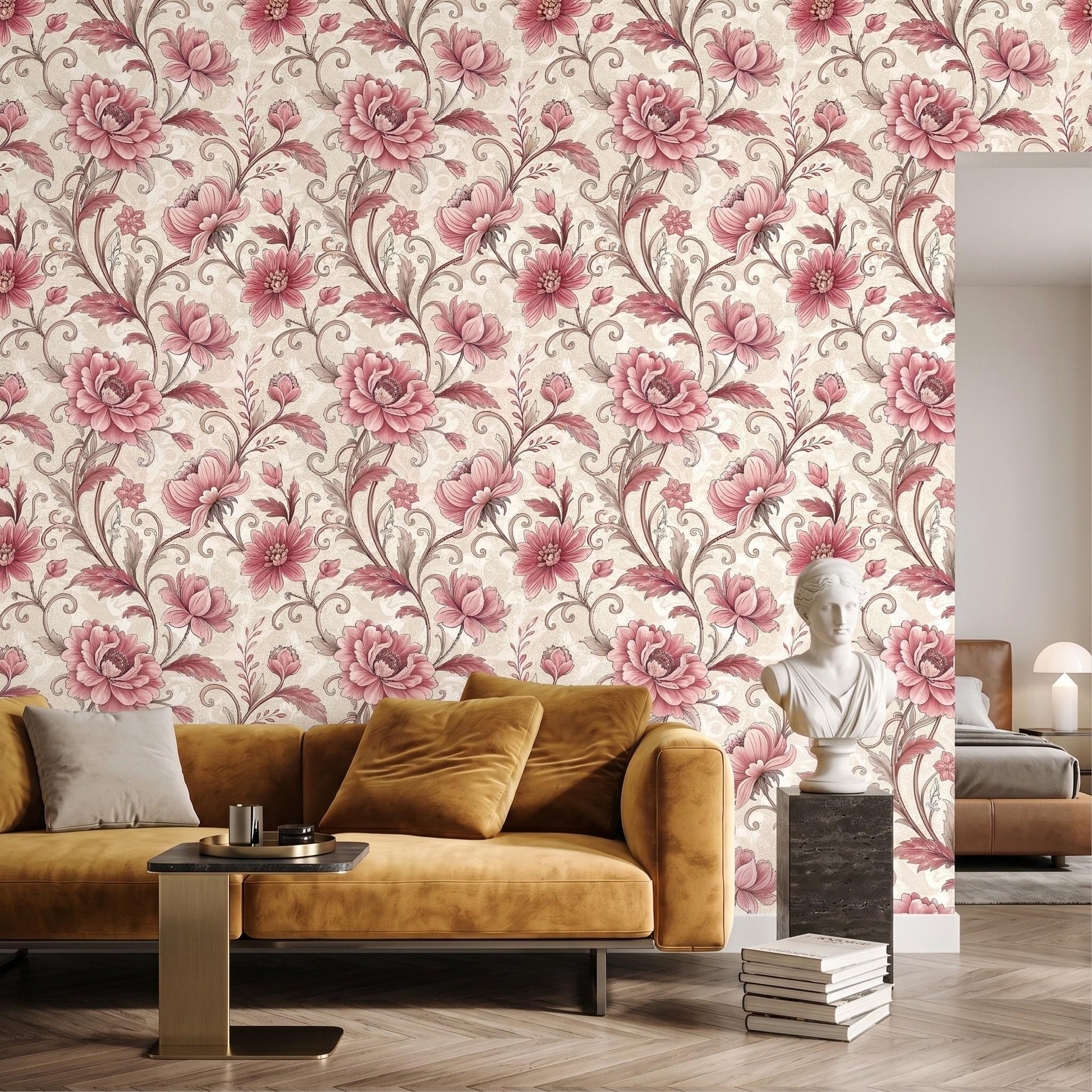 Dusty Rose Vintage Victorian Floral Wallpaper, Chinoiserie Wall Decor, Shabby Chic Removable Wall Mural, Romantic Cottagecore Mural-WP0057