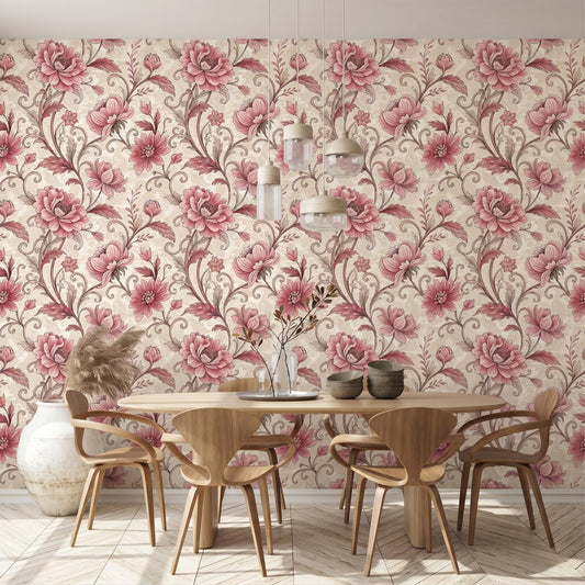 Dusty Rose Vintage Victorian Floral Wallpaper, Chinoiserie Wall Decor, Shabby Chic Removable Wall Mural, Romantic Cottagecore Mural-WP0057