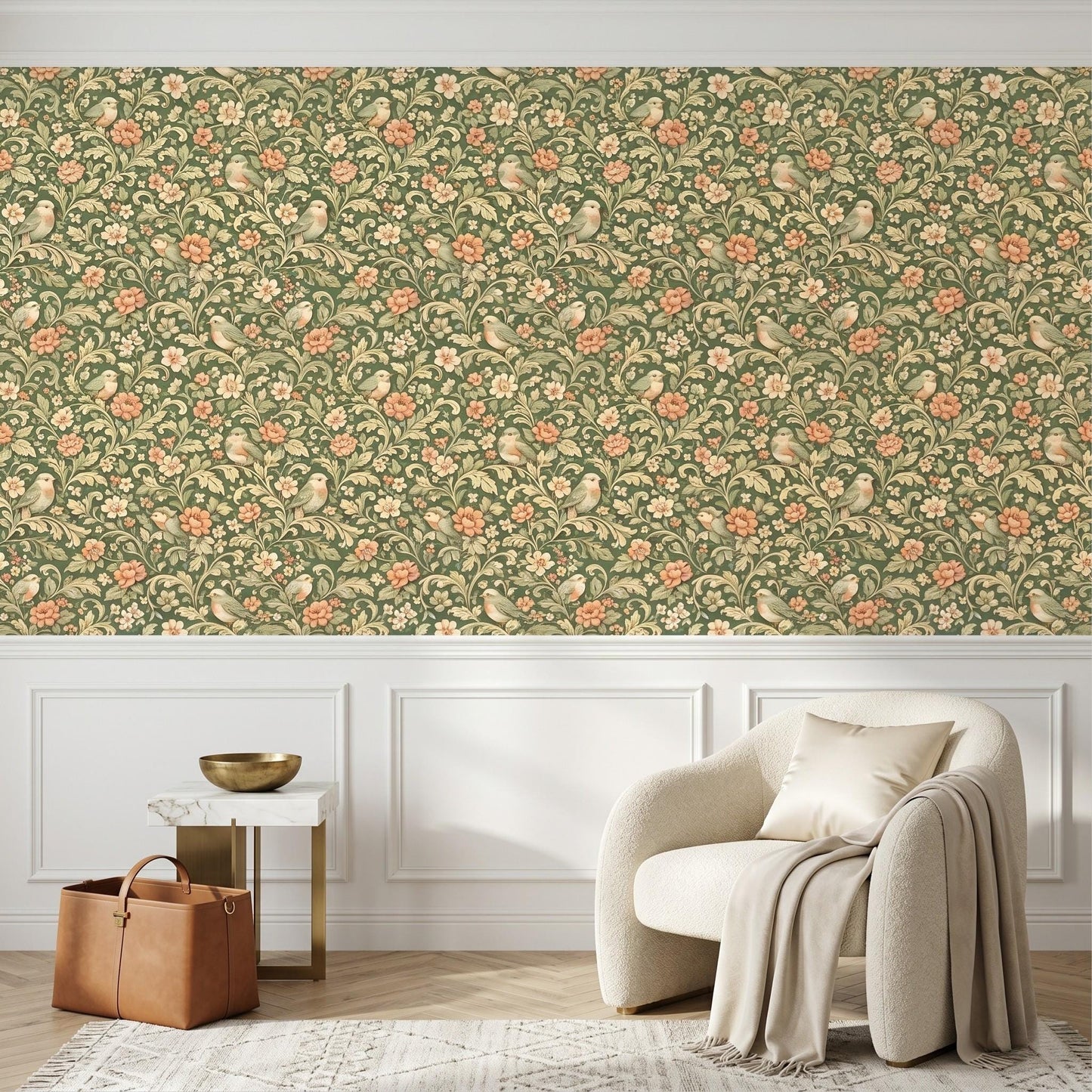William Morris Inspired Sage Green Floral Bird Wallpaper, Vintage Botanical Wall Mural-WP0058