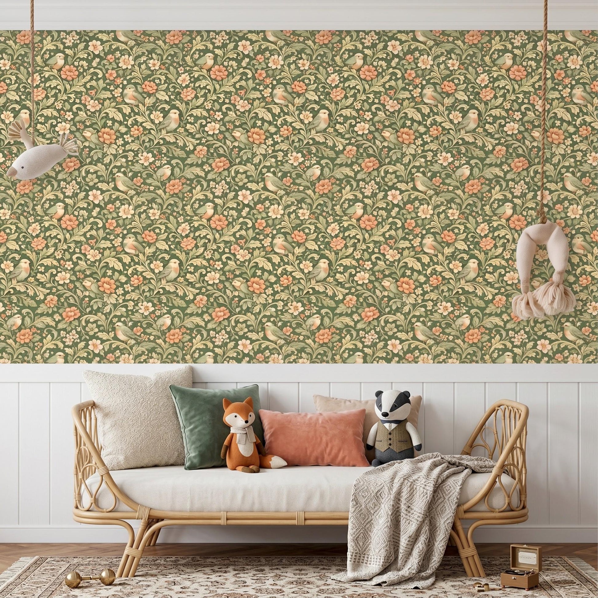 William Morris Inspired Sage Green Floral Bird Wallpaper, Vintage Botanical Wall Mural-WP0058