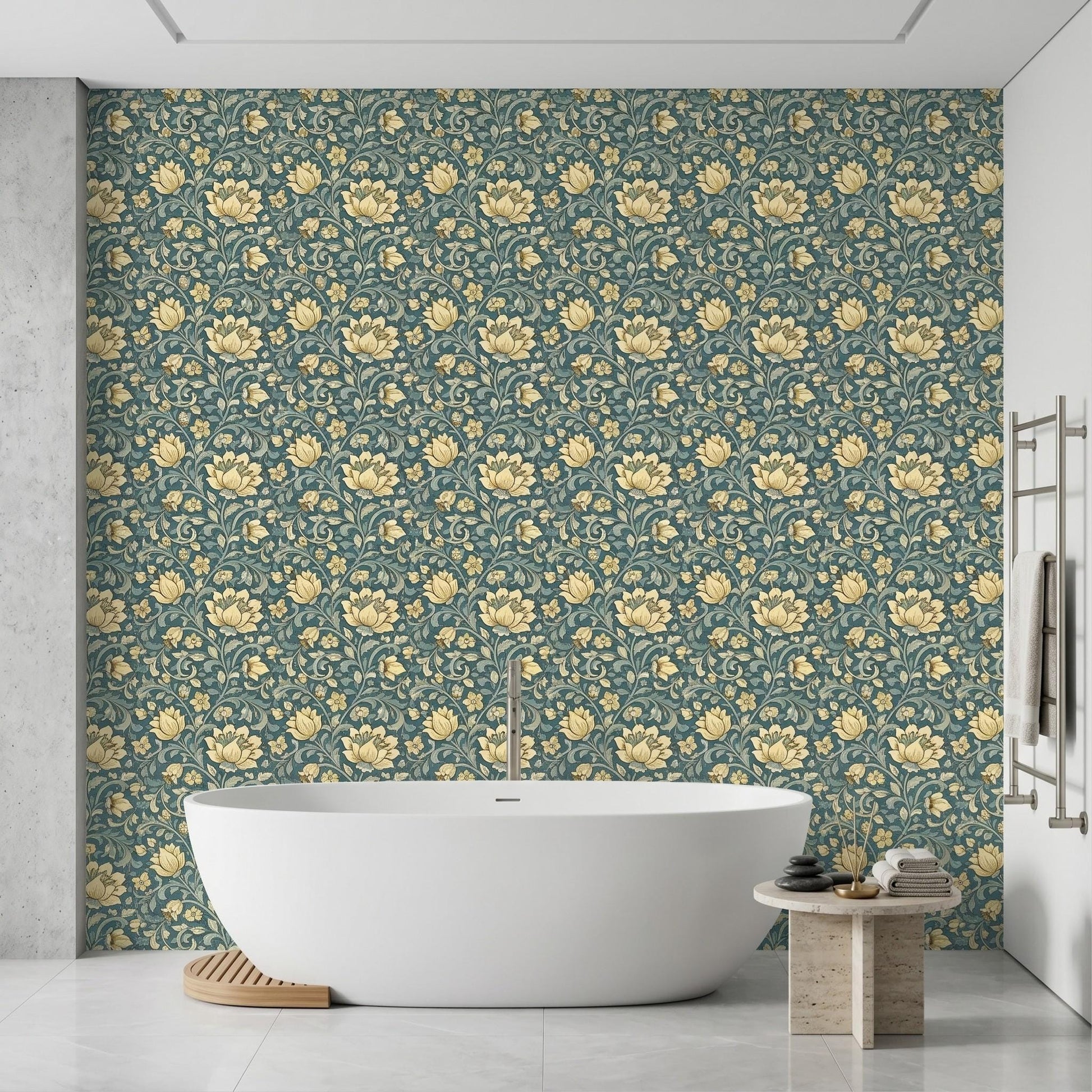 William Morris Style Teal Gold Floral Wallpaper, Vintage Botanical Peel Stick-WP0059