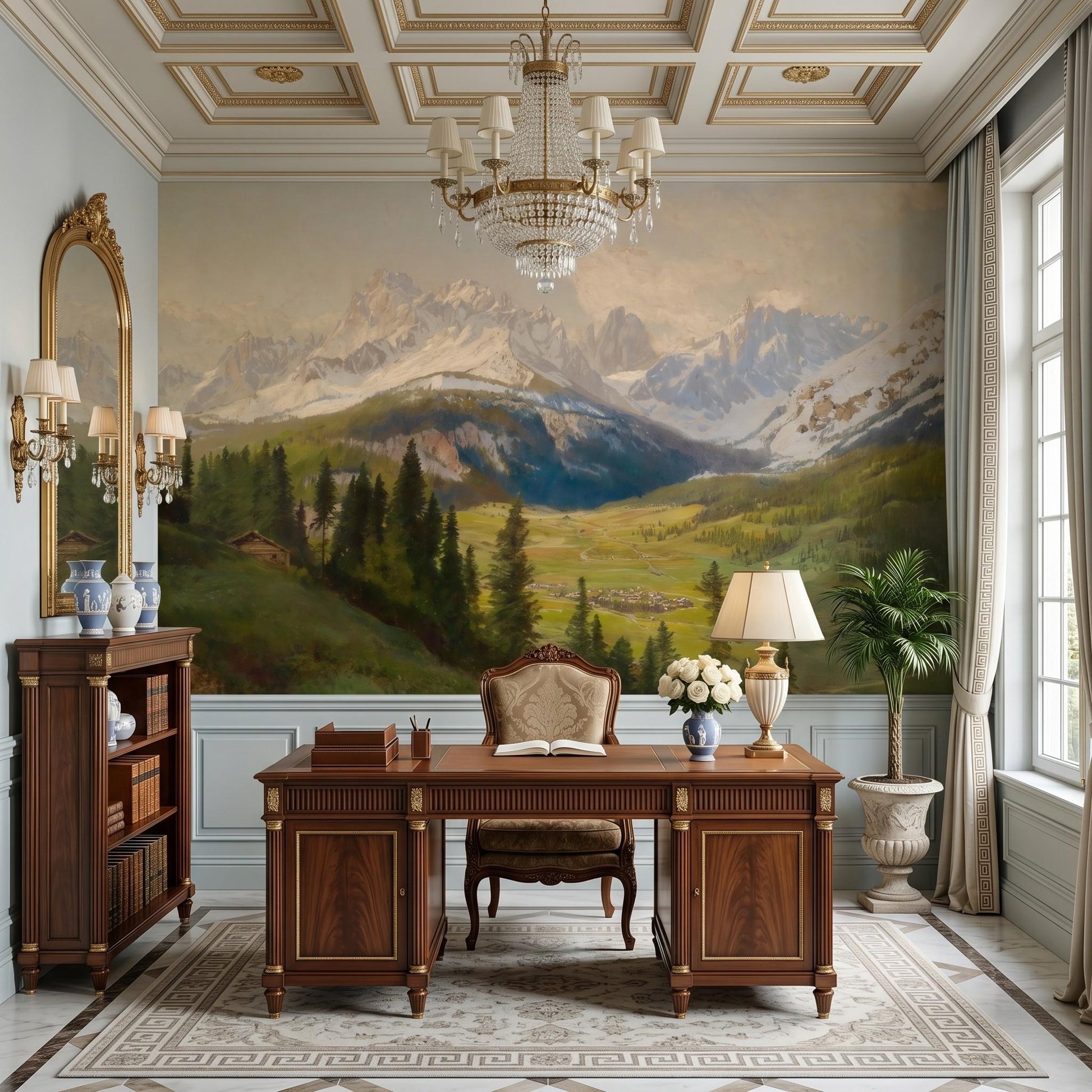 Muted Green Vintage Alpine Oil Painting Wall Mural, Mountain Landscape Wallpaper, Classic European Home Decor-WP0060