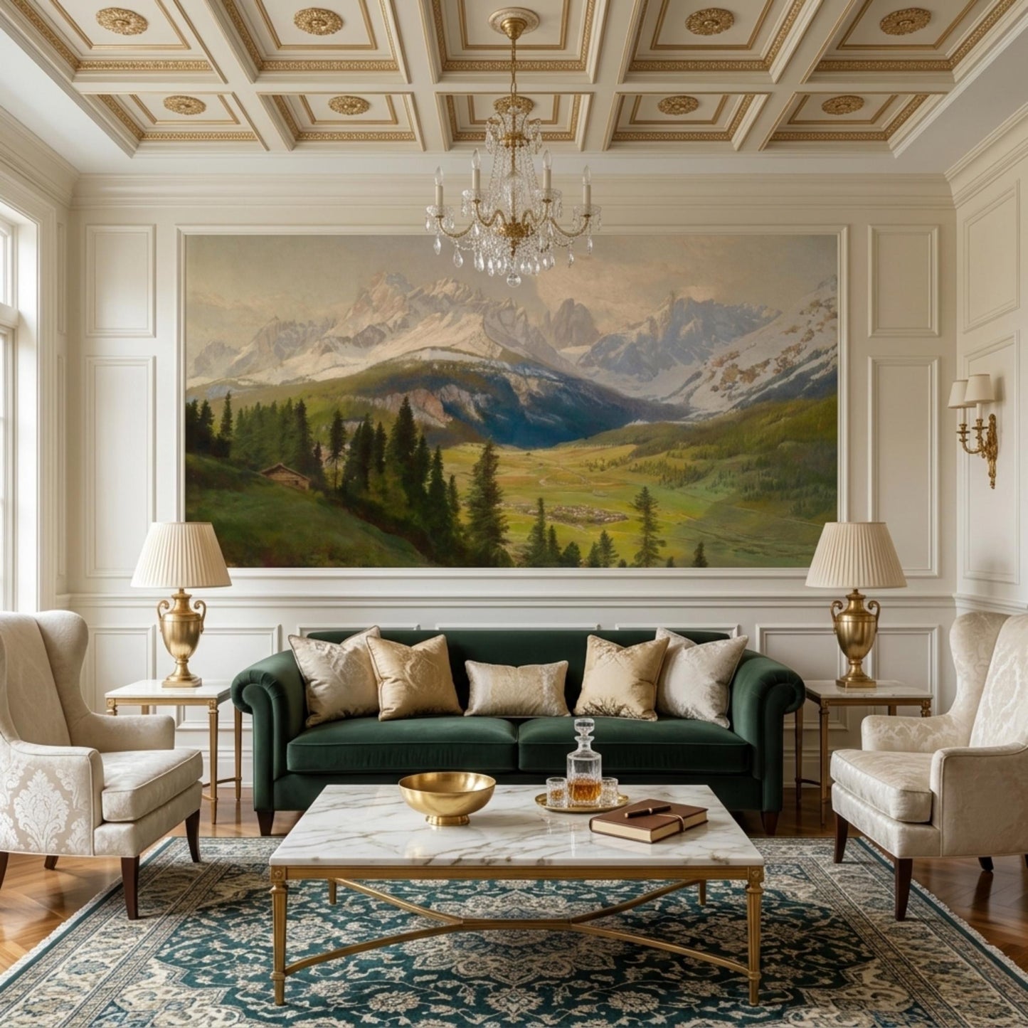 Muted Green Vintage Alpine Oil Painting Wall Mural, Mountain Landscape Wallpaper, Classic European Home Decor-WP0060