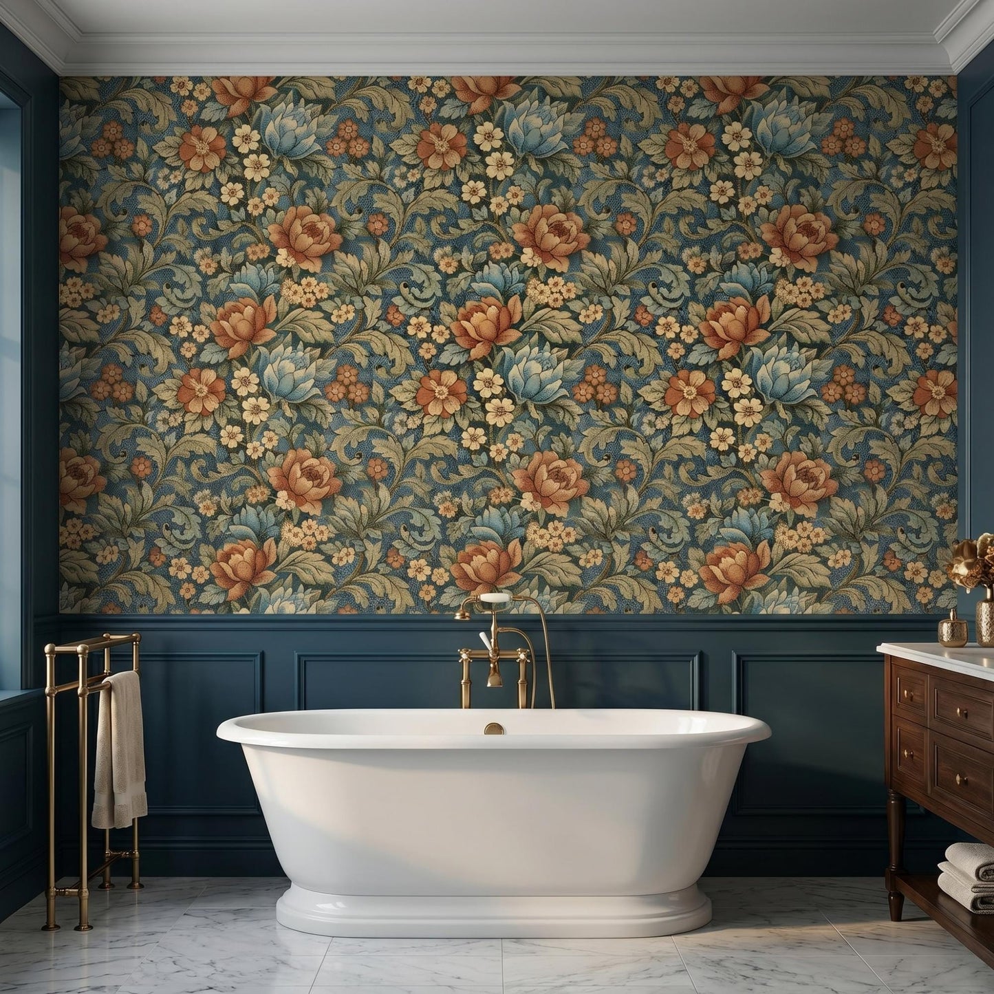 William Morris Style Floral Wallpaper | Teal Vintage Botanical Mural (Peel and Stick)-WP0028