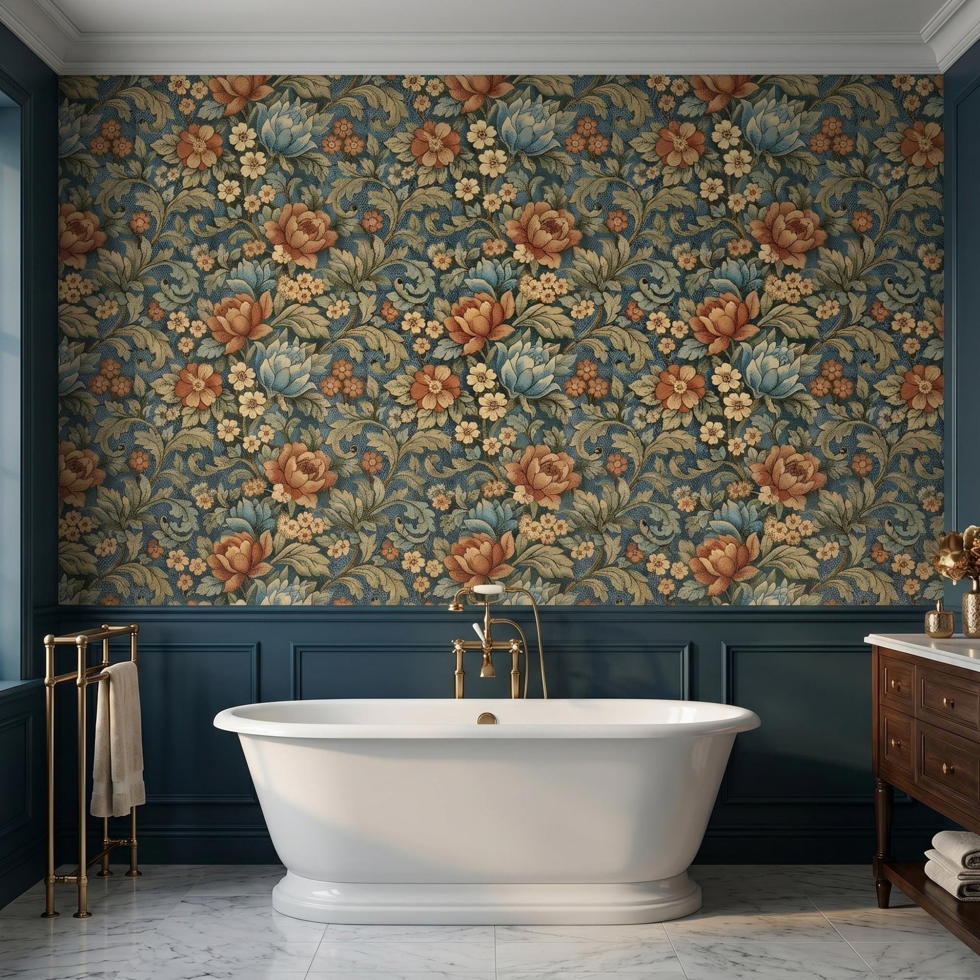 William Morris Style Floral Wallpaper | Teal Vintage Botanical Mural (Peel and Stick)-WP0028