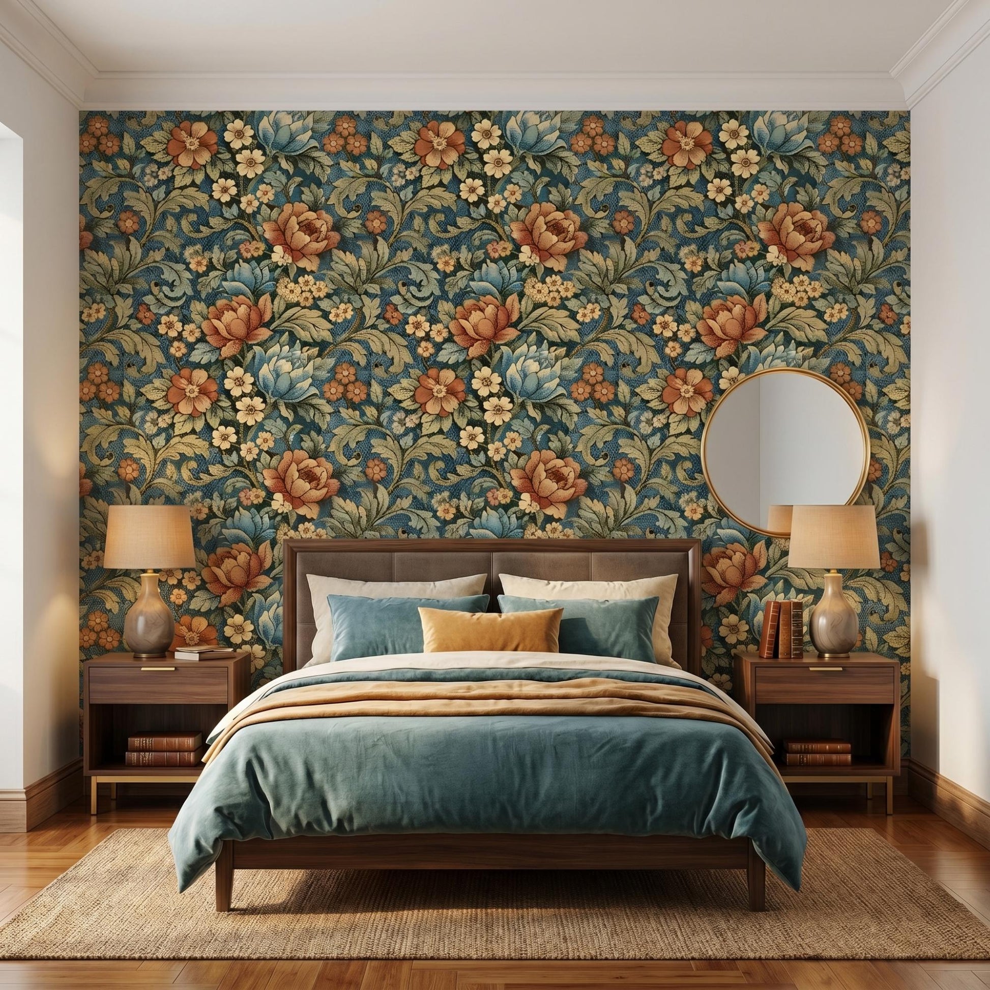William Morris Style Floral Wallpaper | Teal Vintage Botanical Mural (Peel and Stick)-WP0028