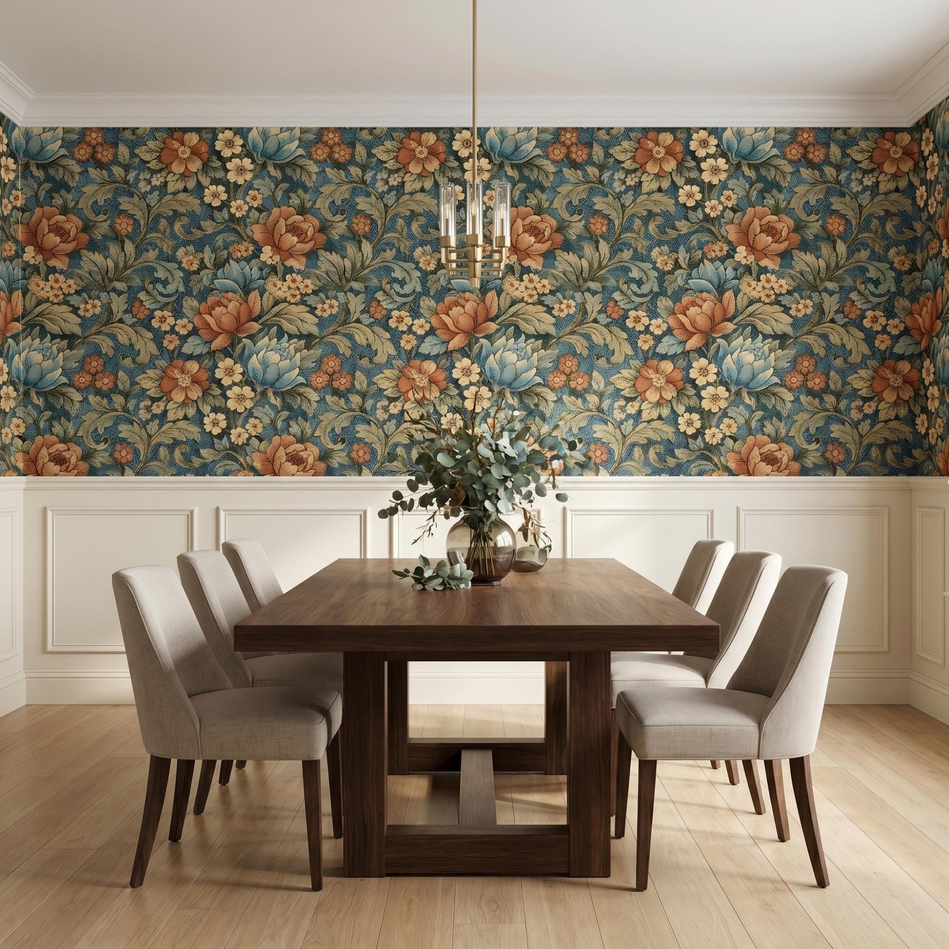 William Morris Style Floral Wallpaper | Teal Vintage Botanical Mural (Peel and Stick)-WP0028