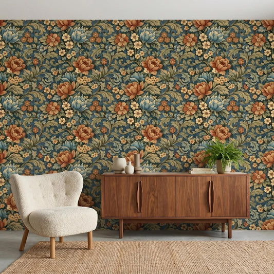 William Morris Style Floral Wallpaper | Teal Vintage Botanical Mural (Peel and Stick)-WP0028