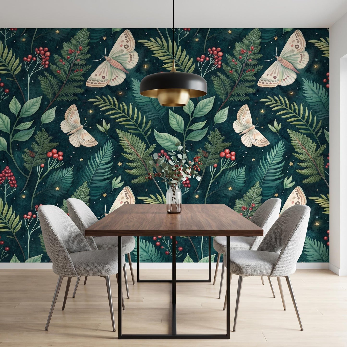 Emerald Green Moth Wallpaper, Dark Academia Fern Mural, Celestial Forest Decor (Peel and Stick)-WP0029