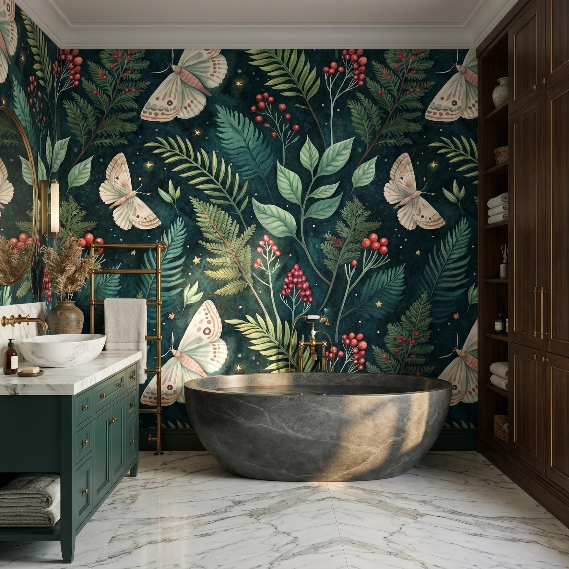 Emerald Green Moth Wallpaper, Dark Academia Fern Mural, Celestial Forest Decor (Peel and Stick)-WP0029