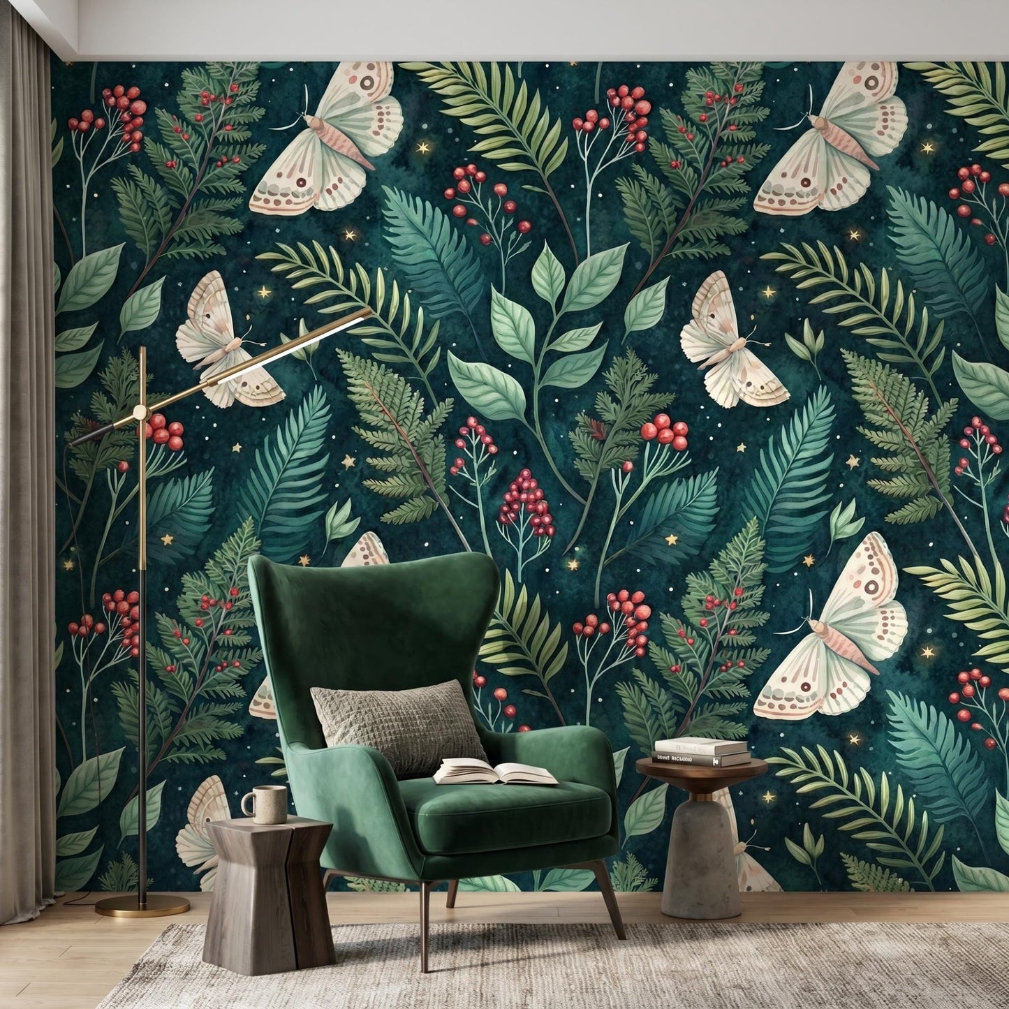 Emerald Green Moth Wallpaper, Dark Academia Fern Mural, Celestial Forest Decor (Peel and Stick)-WP0029