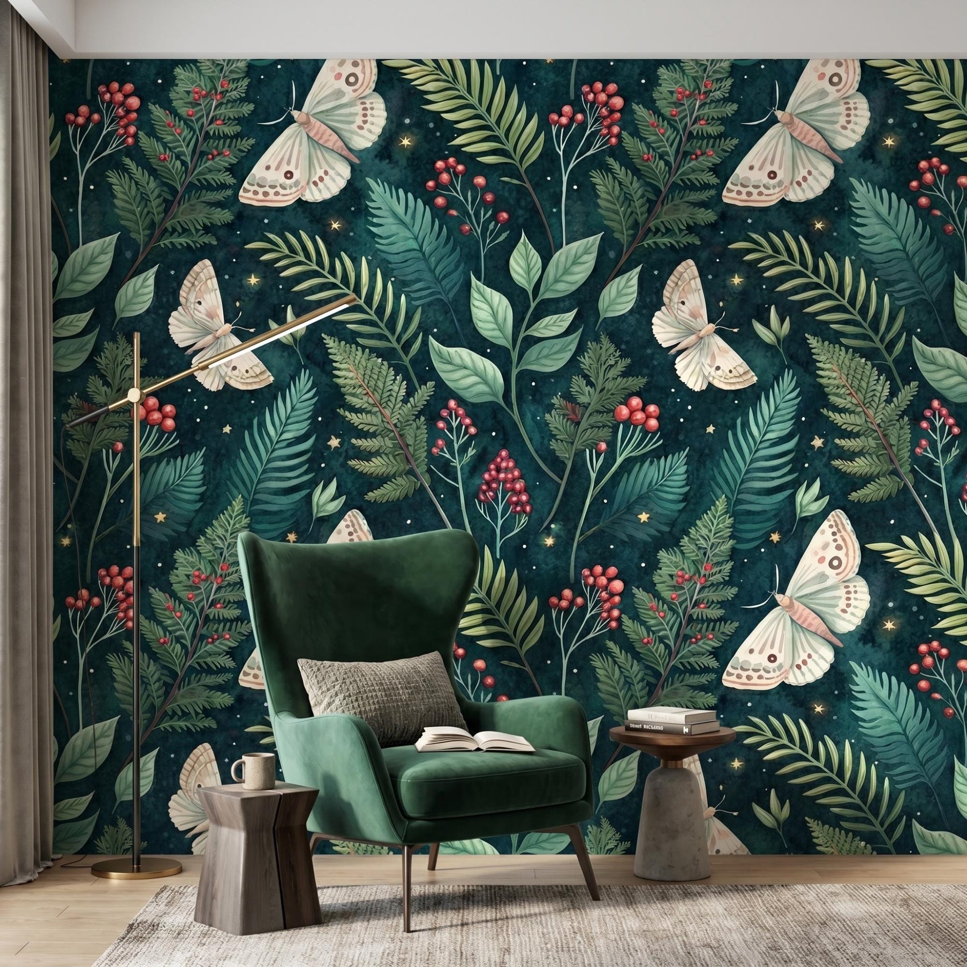 Emerald Green Moth Wallpaper, Dark Academia Fern Mural, Celestial Forest Decor (Peel and Stick)-WP0029